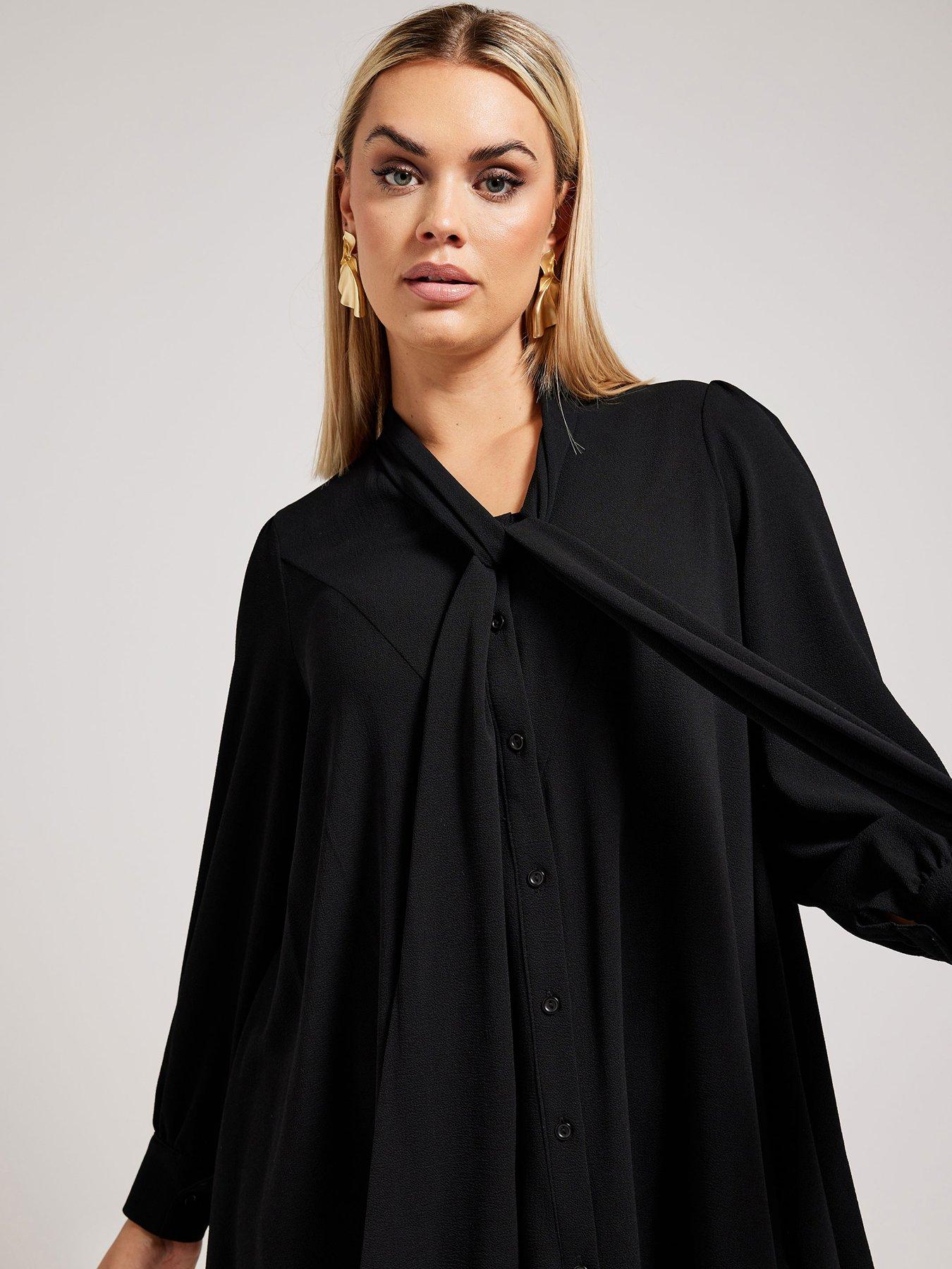 yours-curve-tie-neck-gather-blouse-blackoutfit