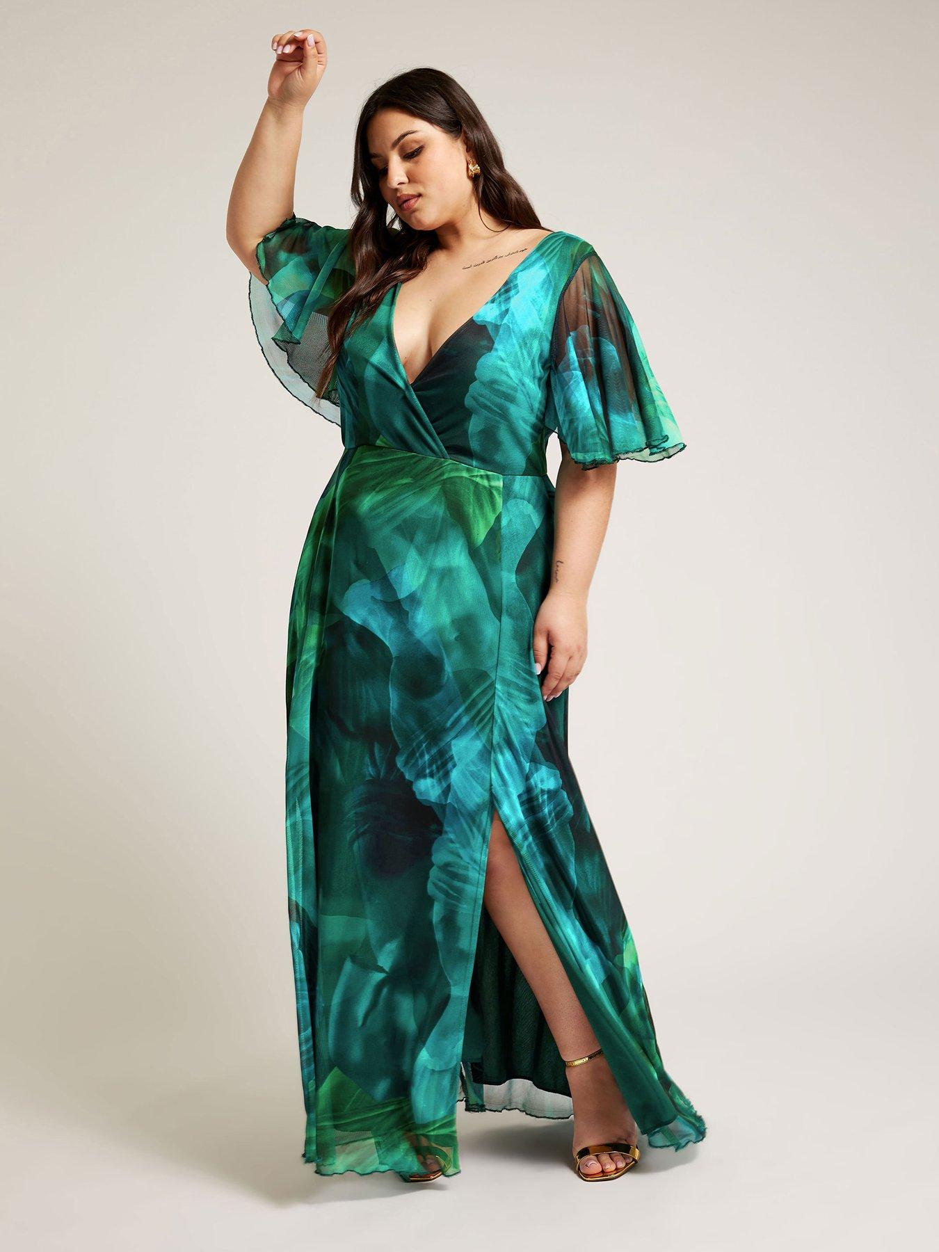 yours-curve-abstract-wrap-angel-sleeve-mesh-maxi-dress-green