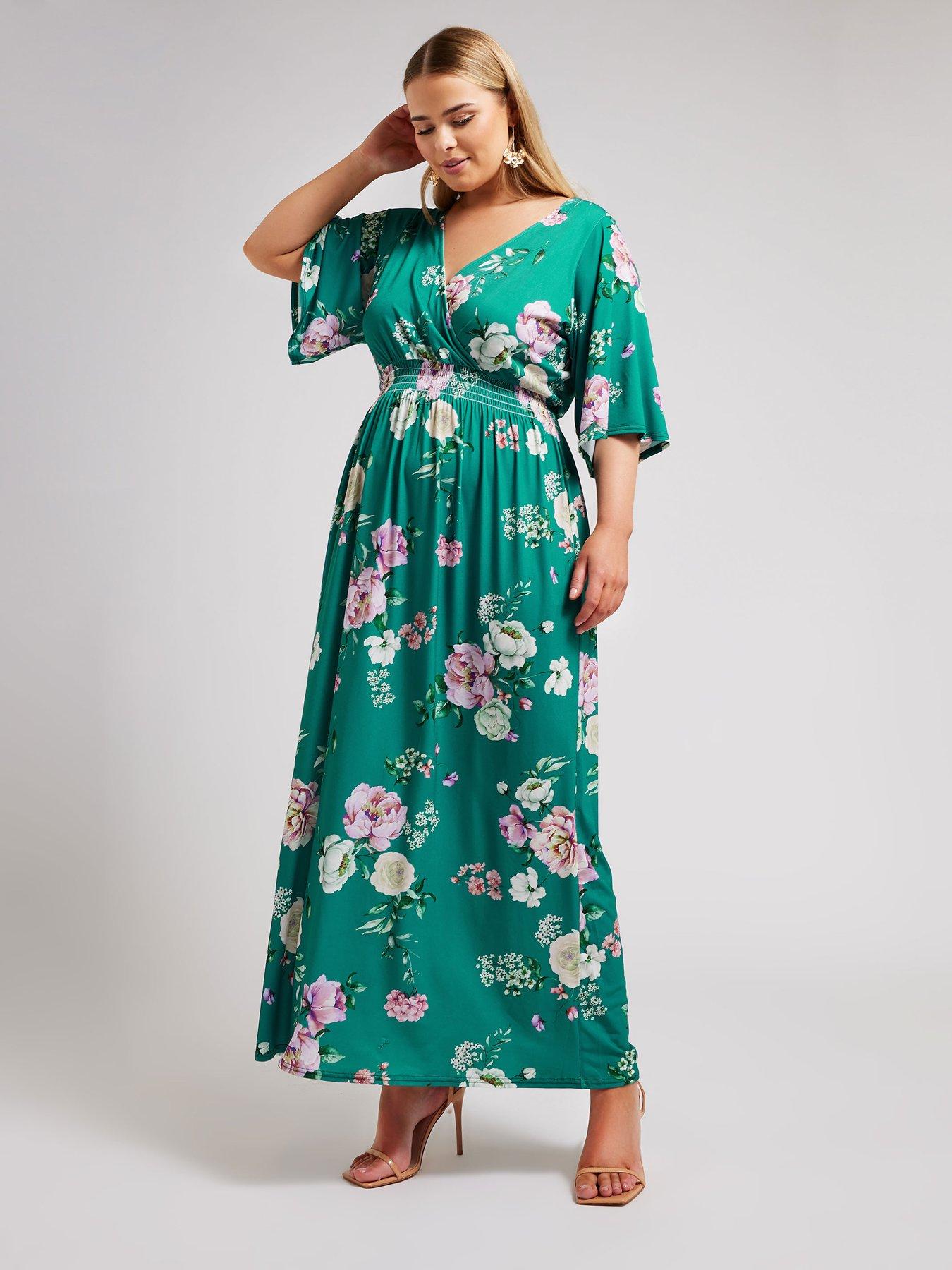 yours-curve-floral-shirred-angel-sleeve-maxi-dress-green