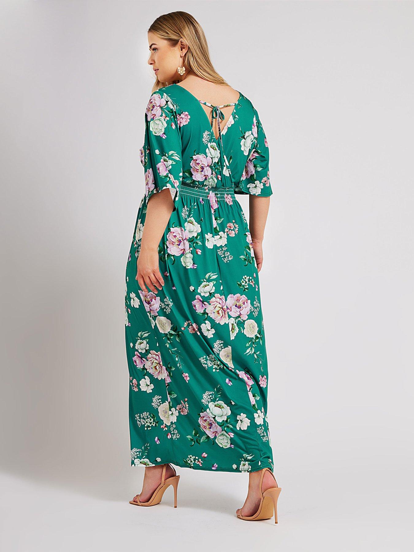 yours-curve-floral-shirred-angel-sleeve-maxi-dress-greenstillFront