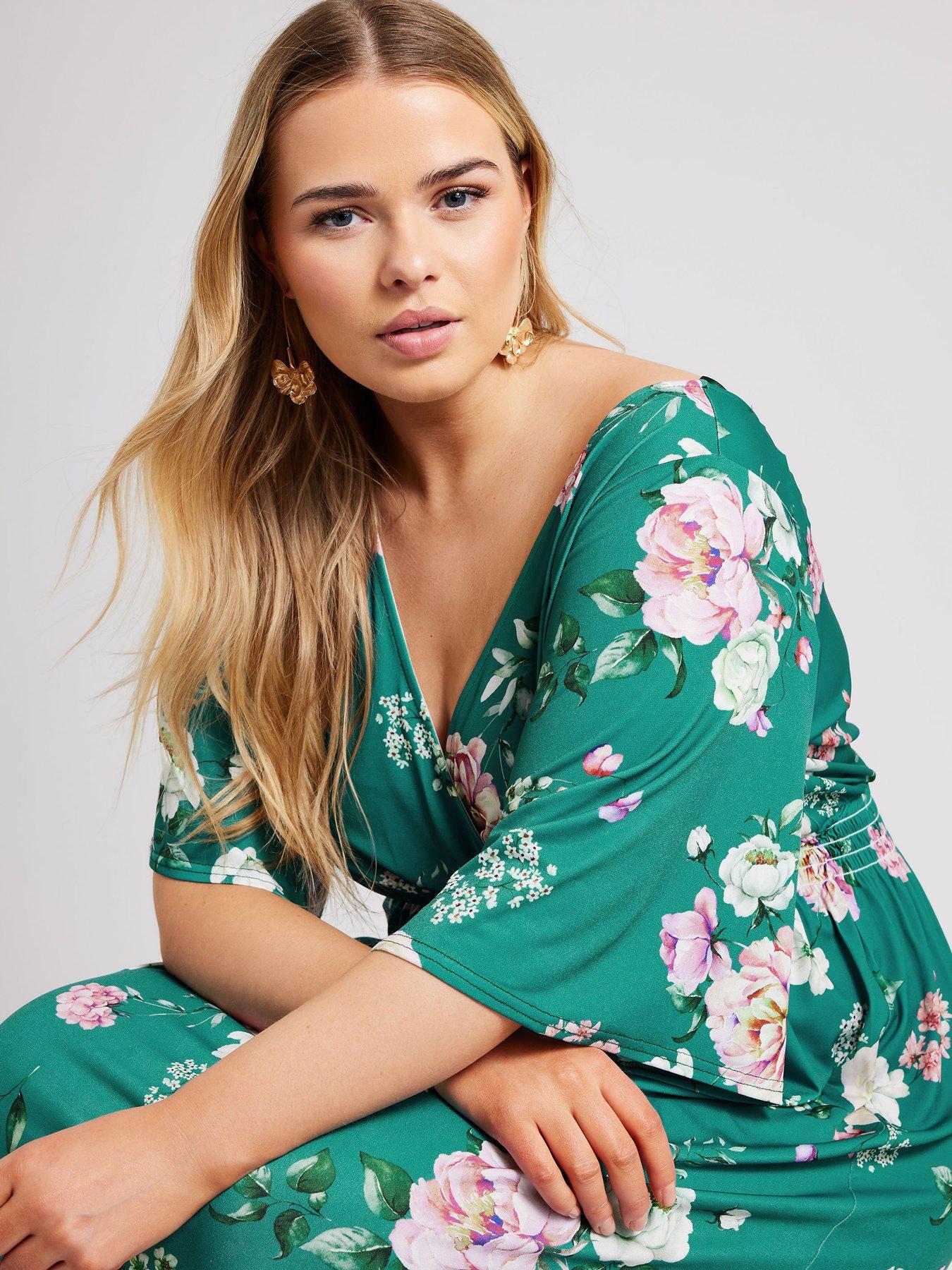 yours-curve-floral-shirred-angel-sleeve-maxi-dress-greenback