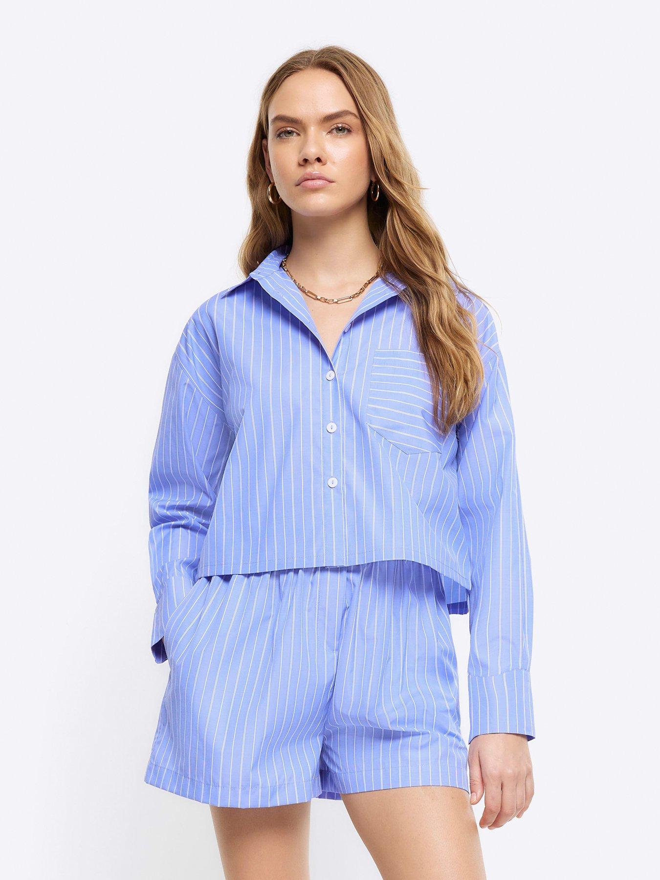 Image 1 of 5 of River Island Cropped Poplin Stripe Shirt - Blue