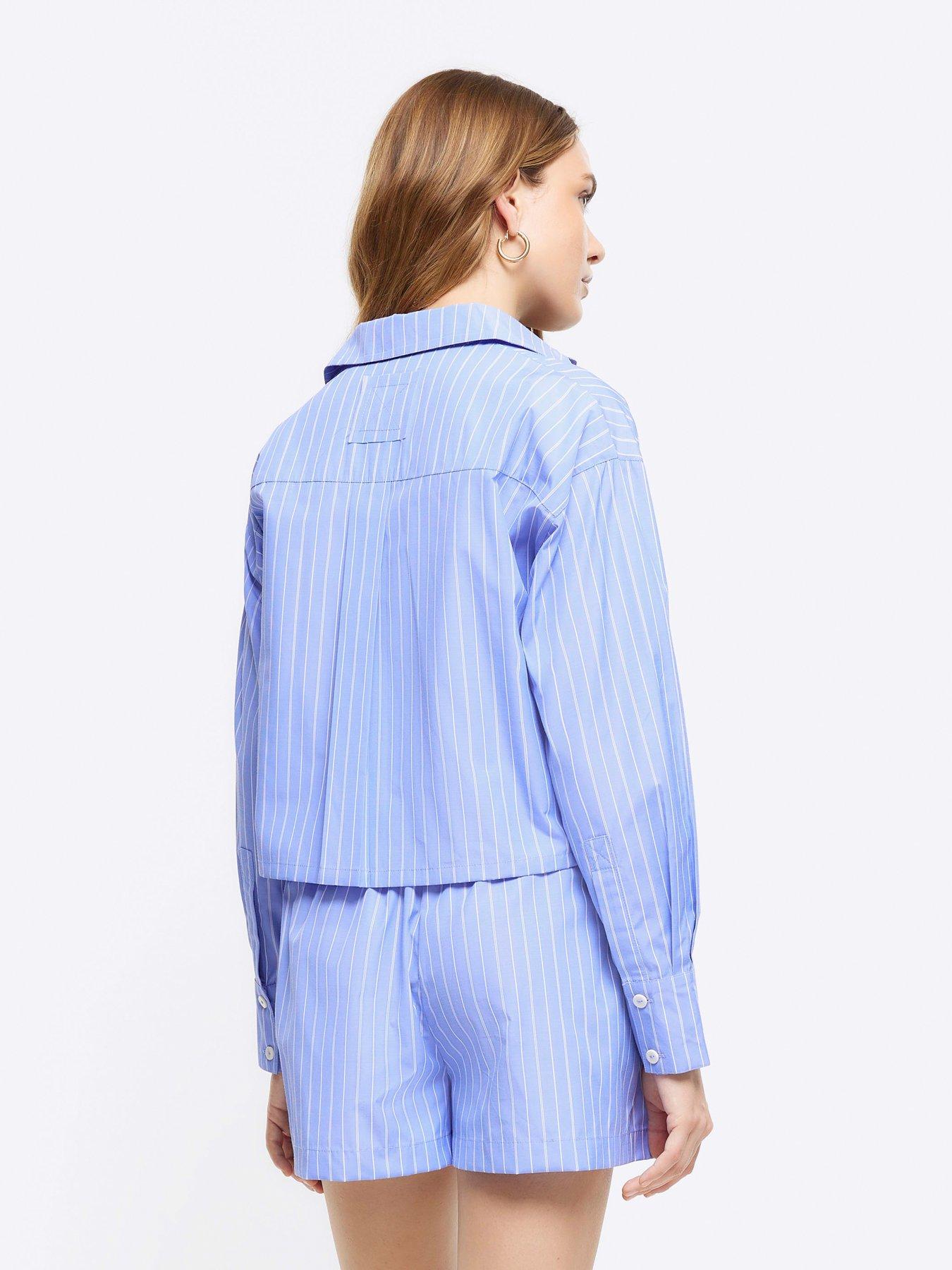 Image 2 of 5 of River Island Cropped Poplin Stripe Shirt - Blue