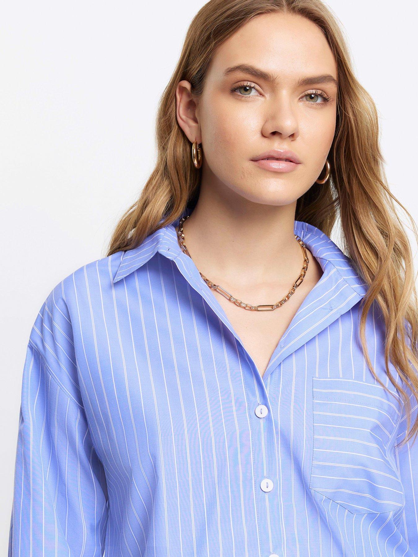 Image 4 of 5 of River Island Cropped Poplin Stripe Shirt - Blue