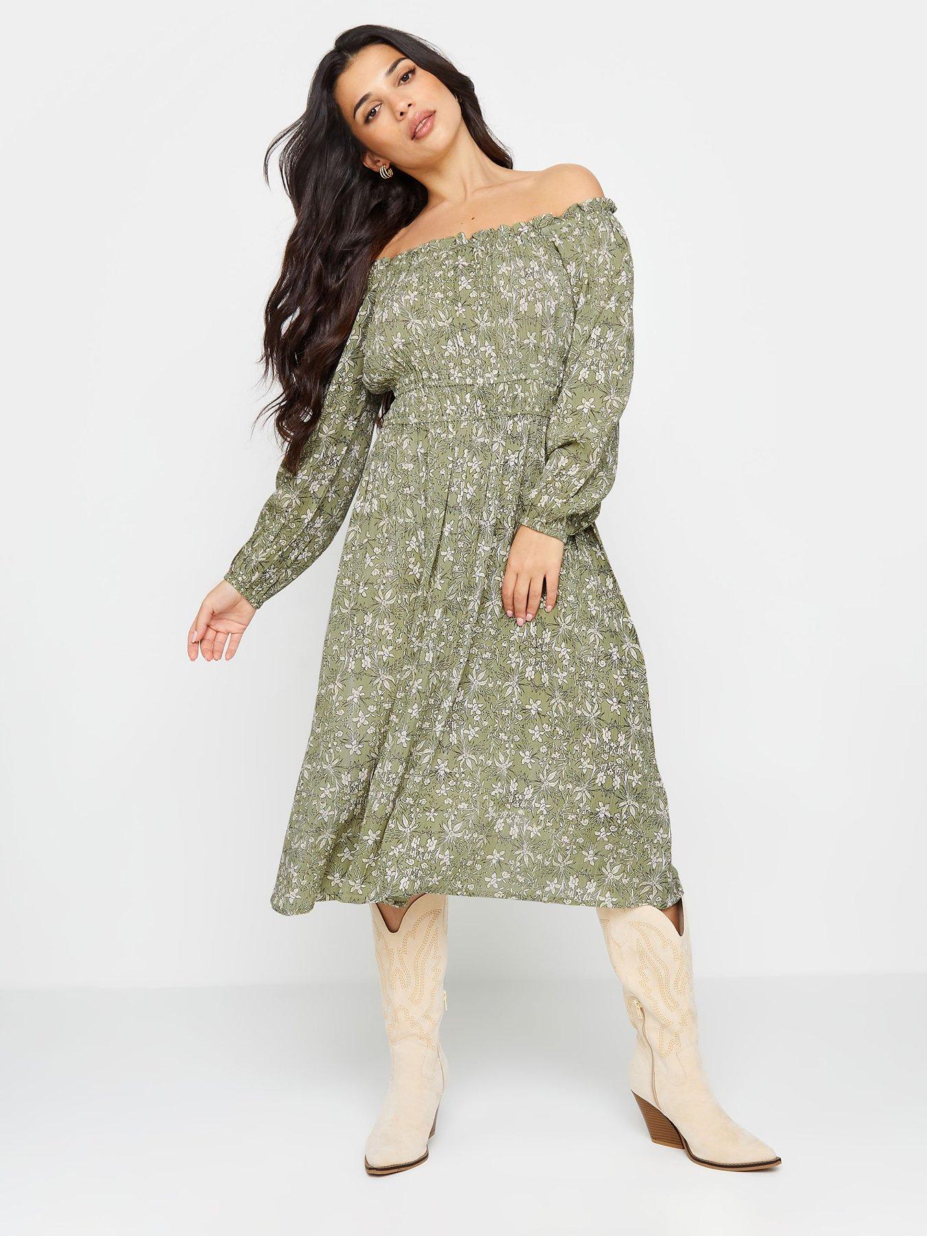 pixiegirl-petite-ditsy-long-sleeve-border-midi-dress-green