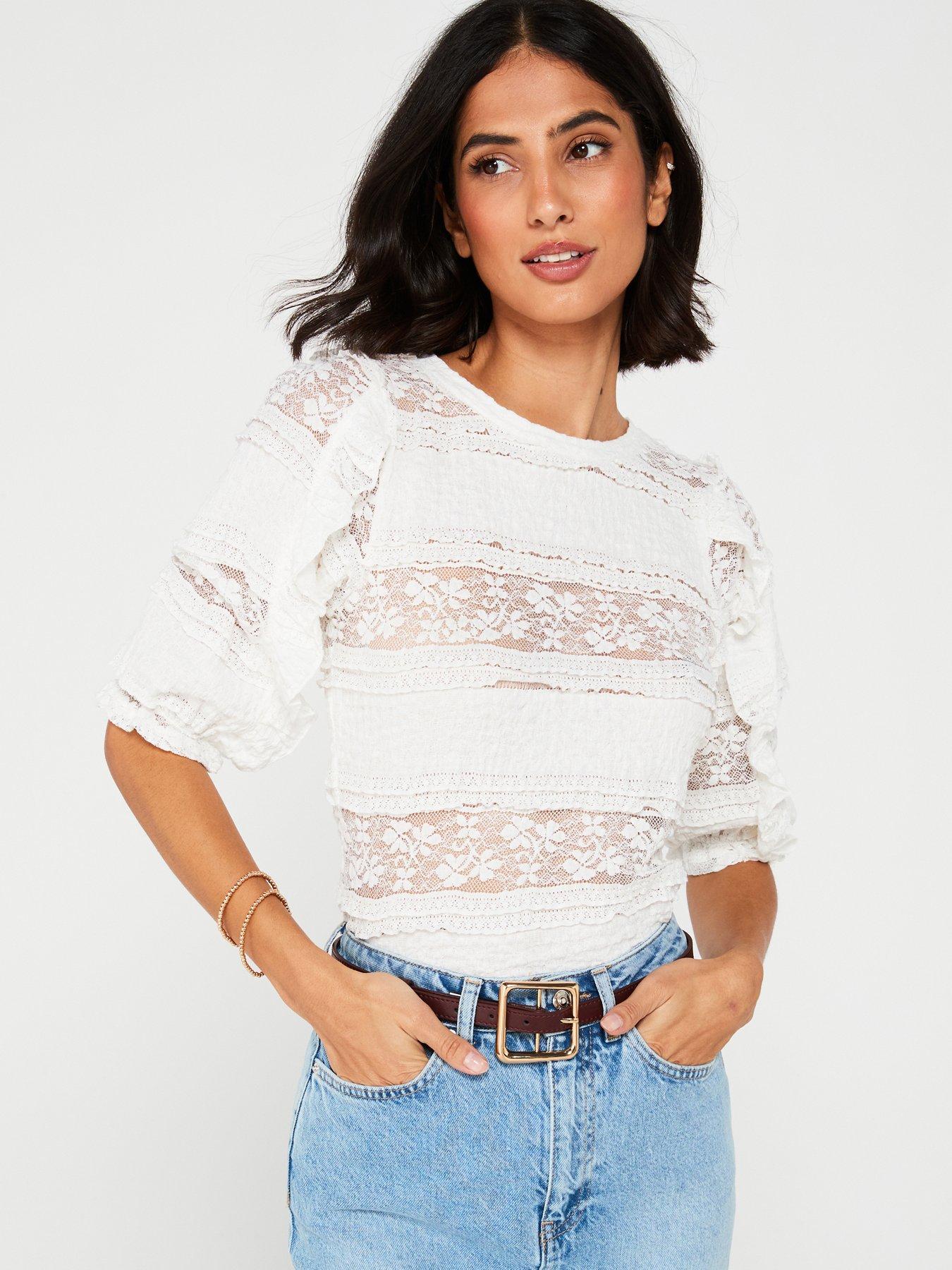 Image 1 of 6 of V by Very Lace Three Quarter Sleeve Top - Cream