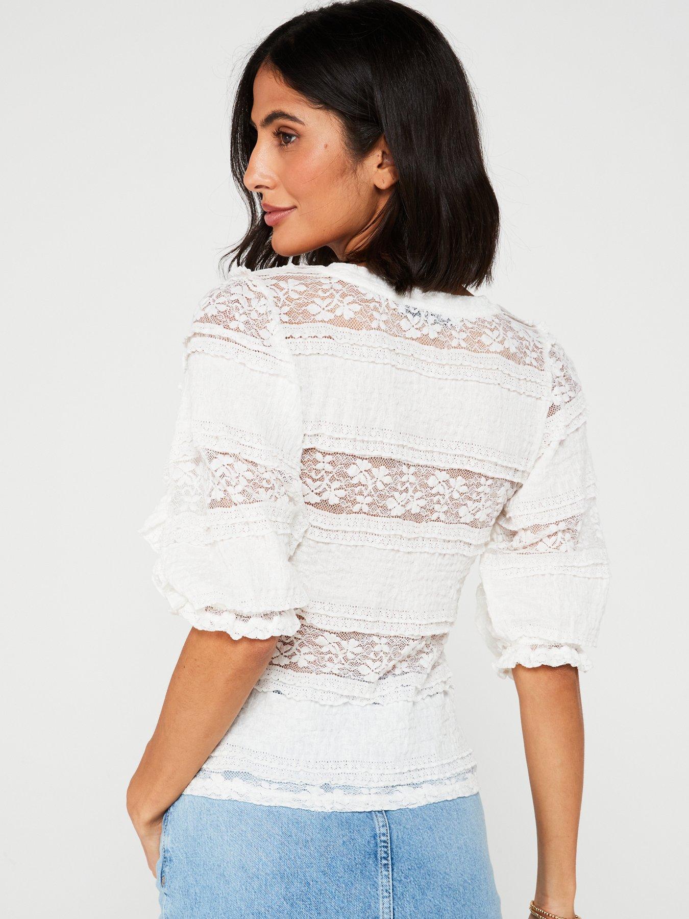 Image 2 of 6 of V by Very Lace Three Quarter Sleeve Top - Cream