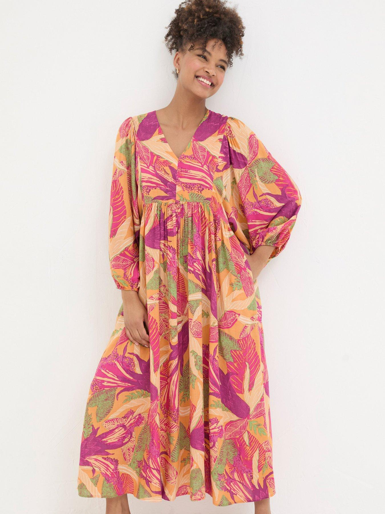Image of FatFace Jocelyn Tropical Floral Midi Dress - Orange