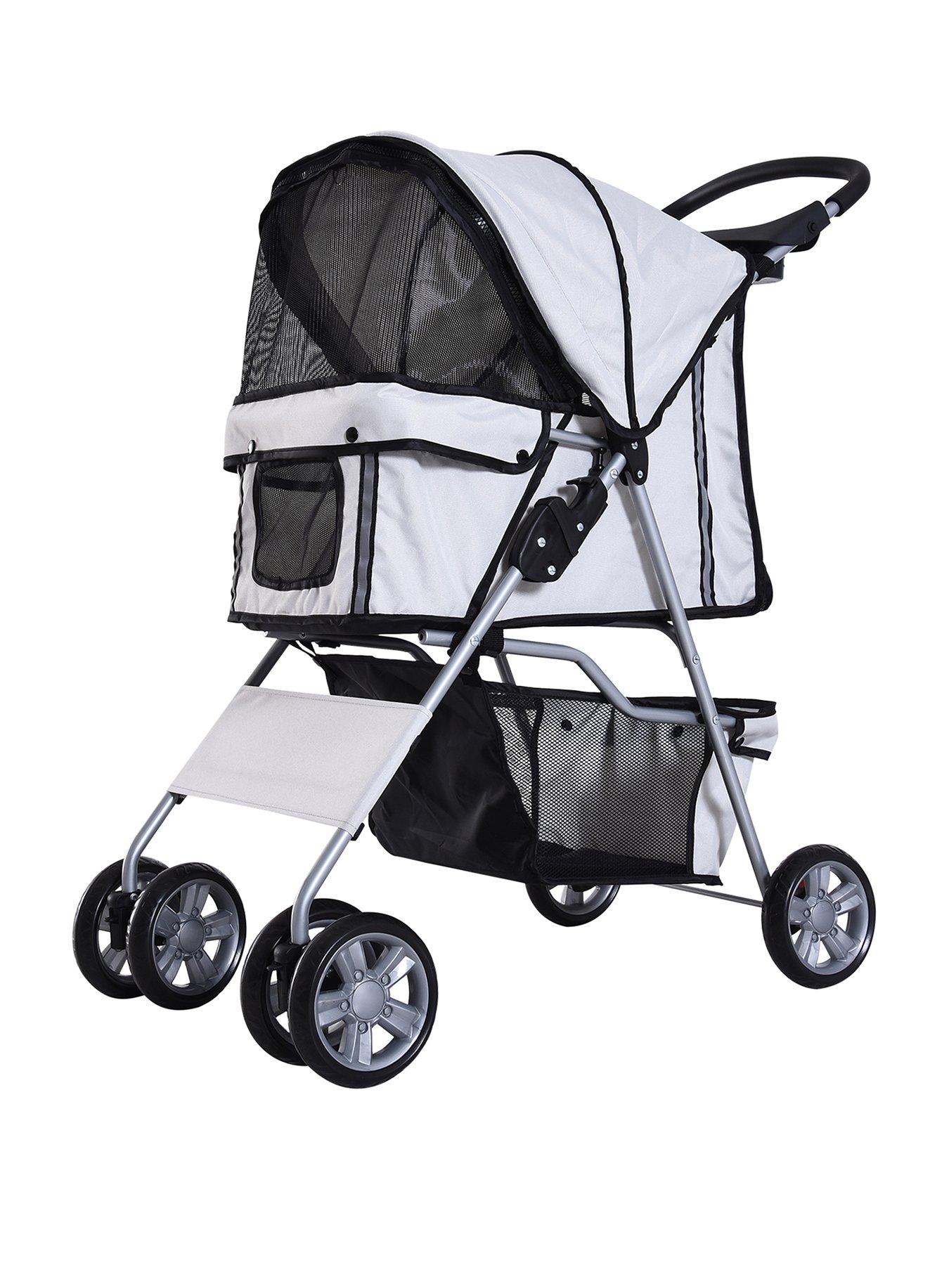 pawhut-pet-stroller-for-small-dogscats-foldable-travel-carriage-with-wheels-zipper-entry-cup-holder-storage-basket-greystillFront