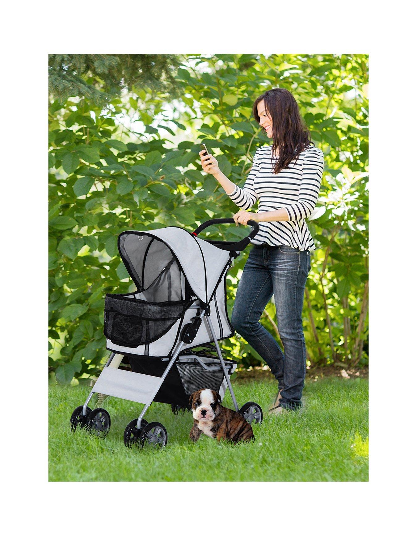 pawhut-pet-stroller-for-small-dogscats-foldable-travel-carriage-with-wheels-zipper-entry-cup-holder-storage-basket-greyback