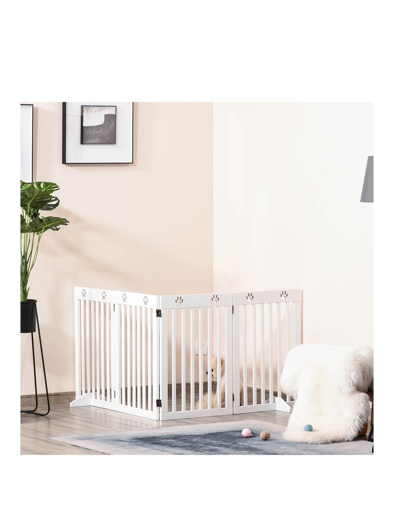 Image 1 of 6 of PawHut Freestanding Pet Gate 4 Panel Dog Barrier Folding Safety Fence with Support Feet -White