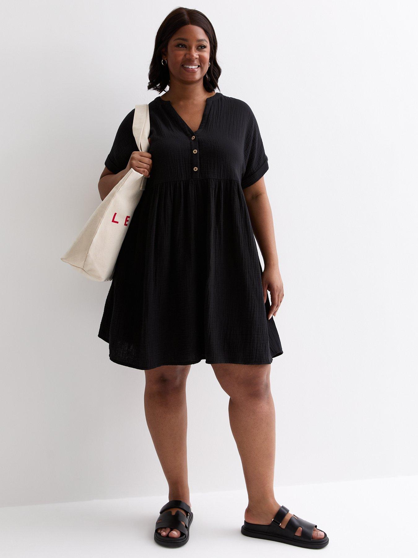 new-look-curves-black-cotton-button-front-mini-smock-dress-black