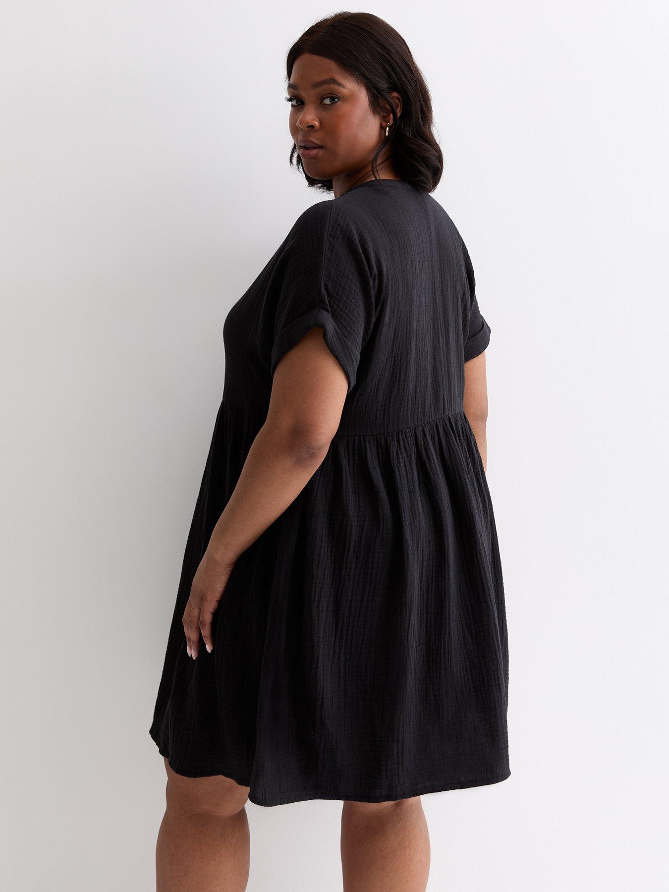 new-look-curves-black-cotton-button-front-mini-smock-dress-blackstillFront