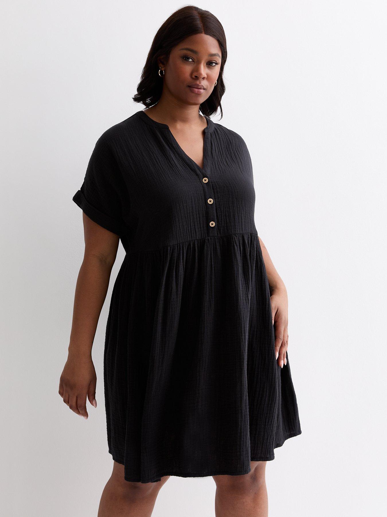 new-look-curves-black-cotton-button-front-mini-smock-dress-blackback