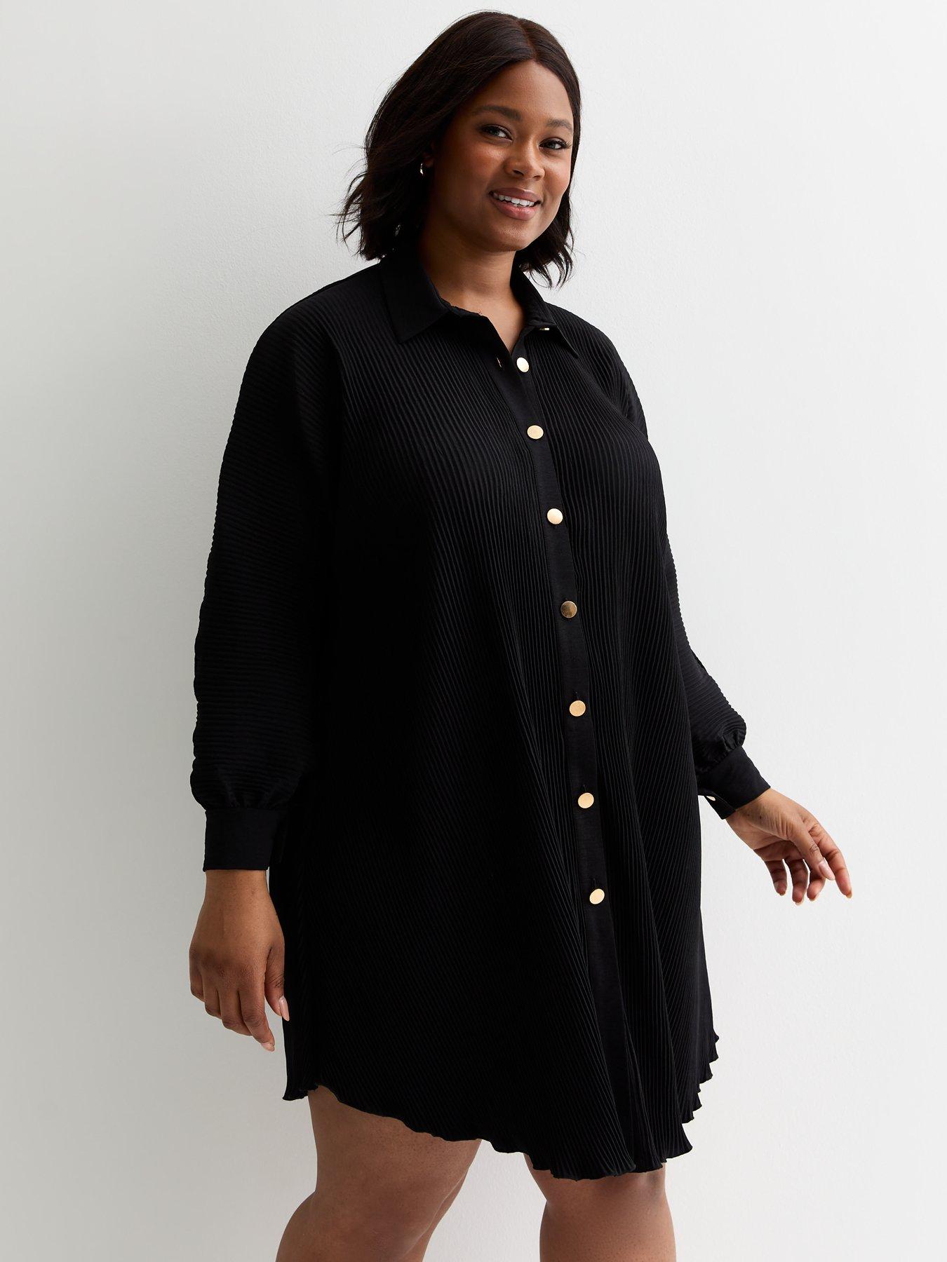 New Look Curves Black Plisse Pleat Mini Smock Shirt Dress | Very Ireland
