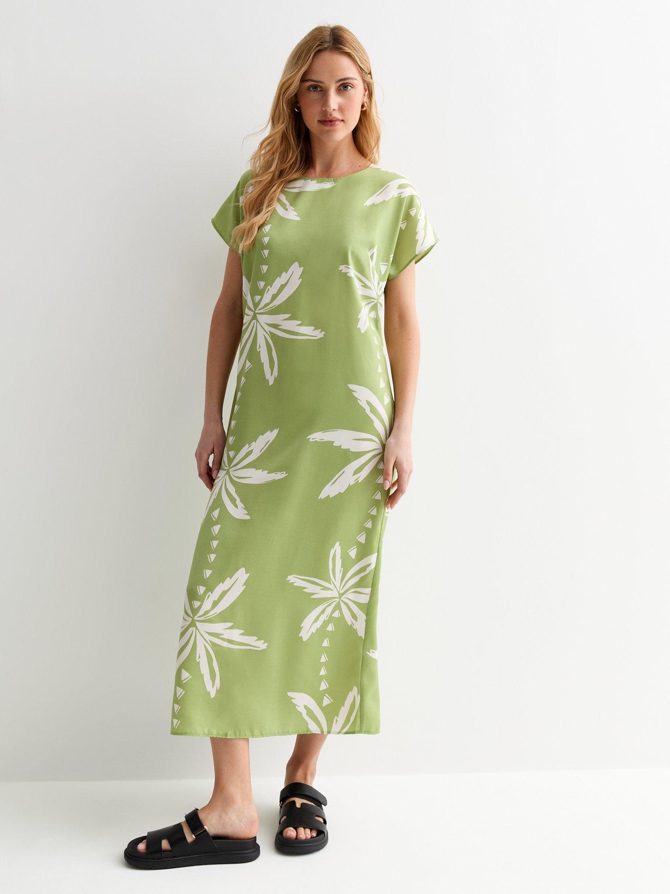 new-look-palm-print-crew-neck-midi-dress-green