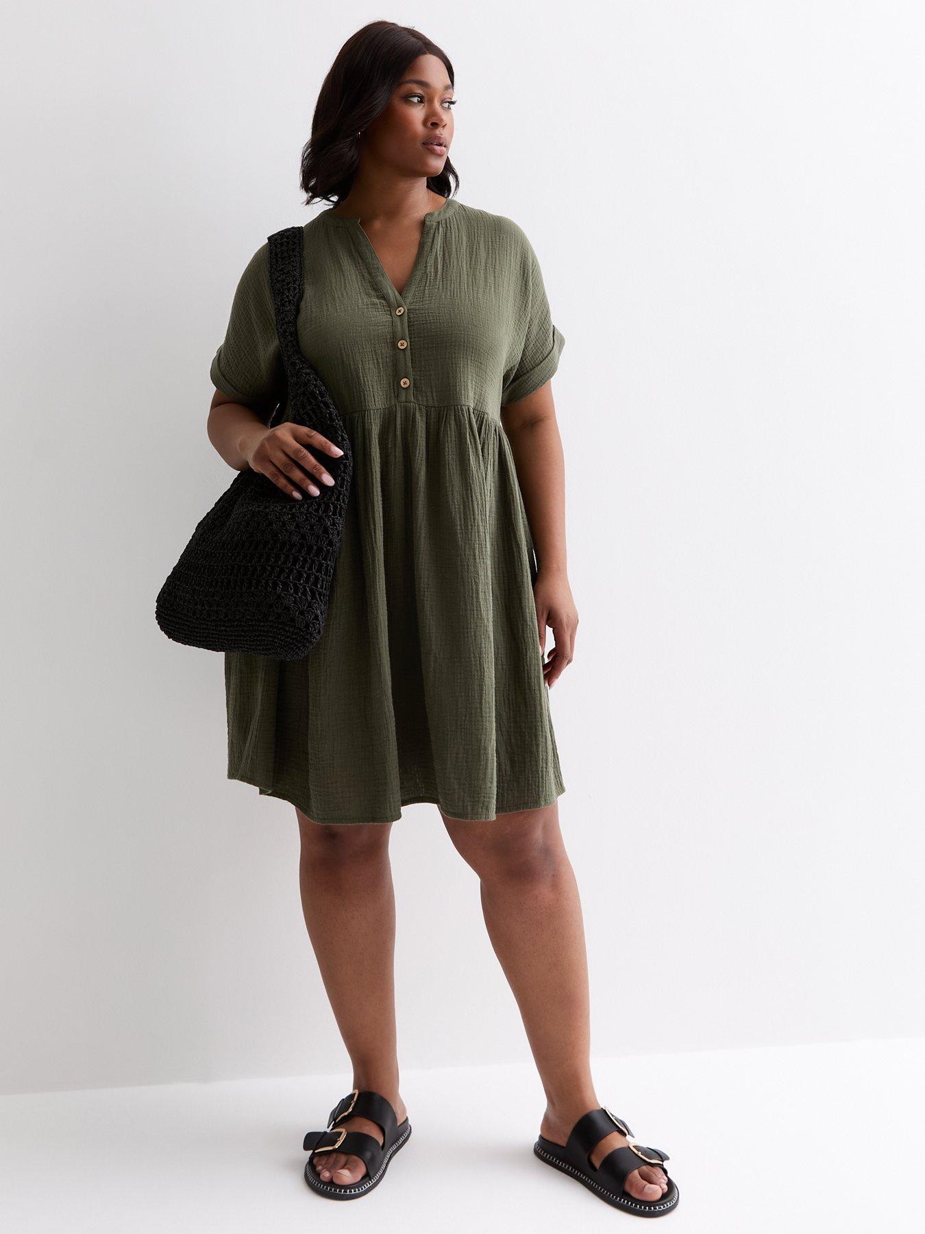 new-look-curves-khaki-cotton-button-front-mini-smock-dress-green