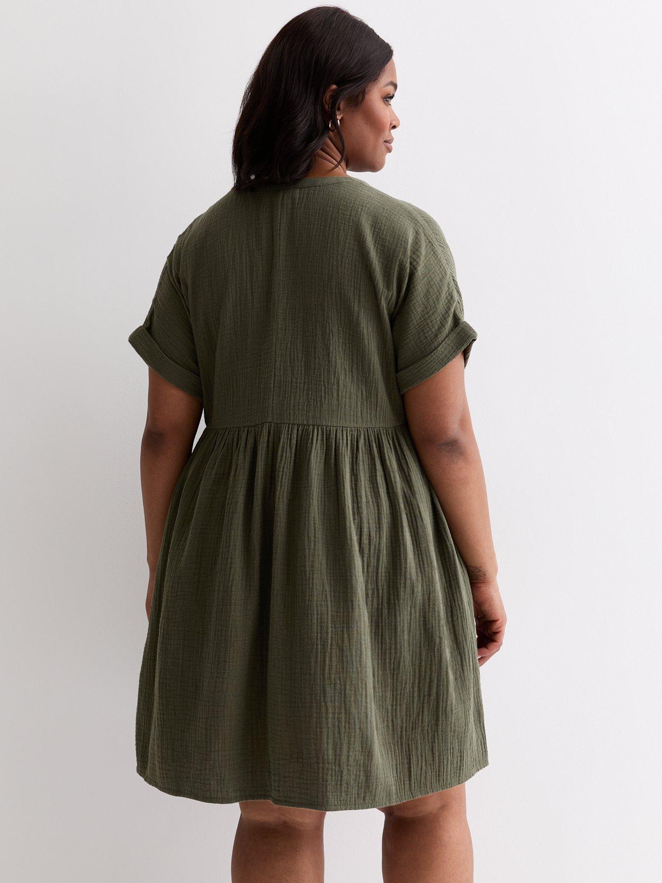 new-look-curves-khaki-cotton-button-front-mini-smock-dress-greenstillFront