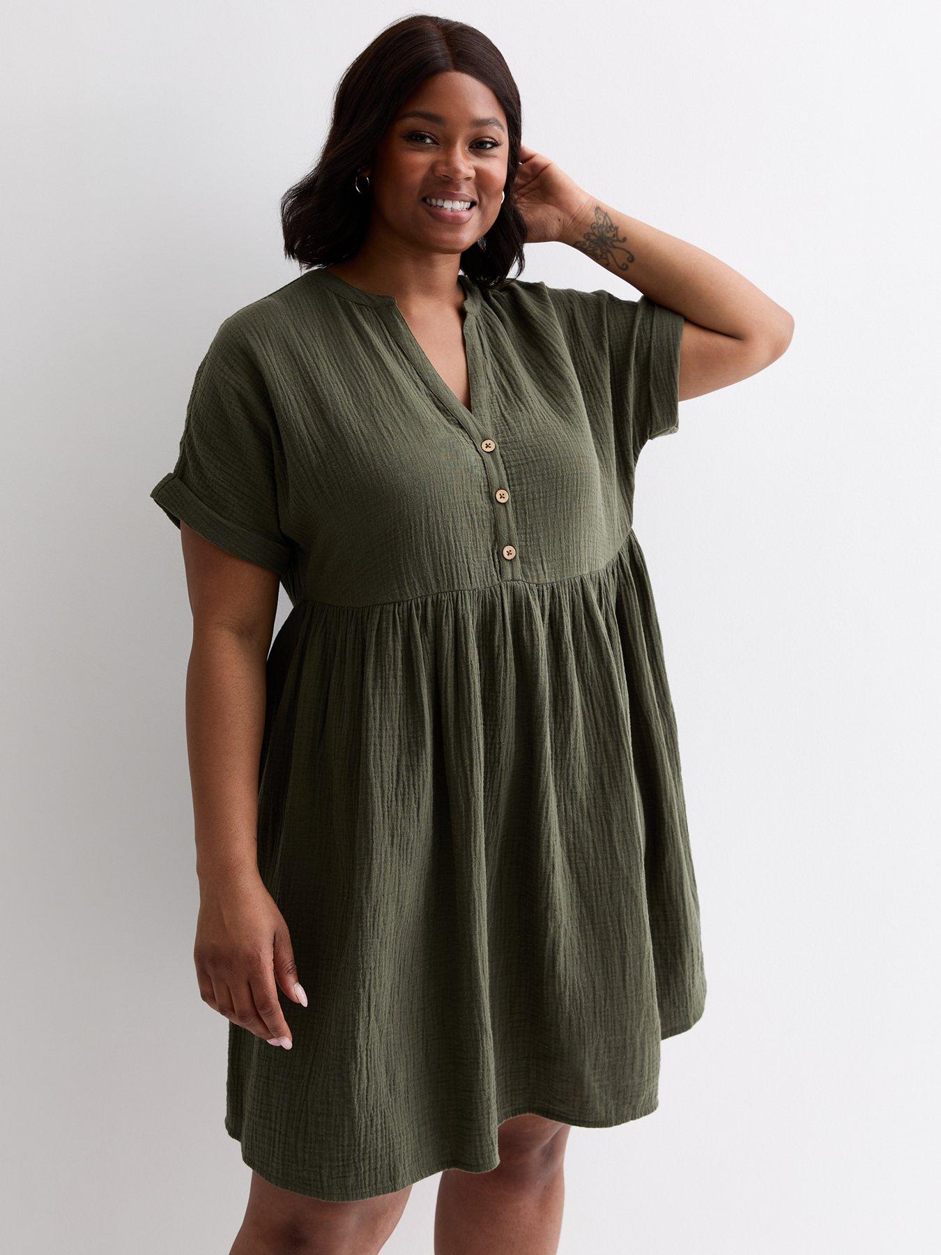 new-look-curves-khaki-cotton-button-front-mini-smock-dress-greenback