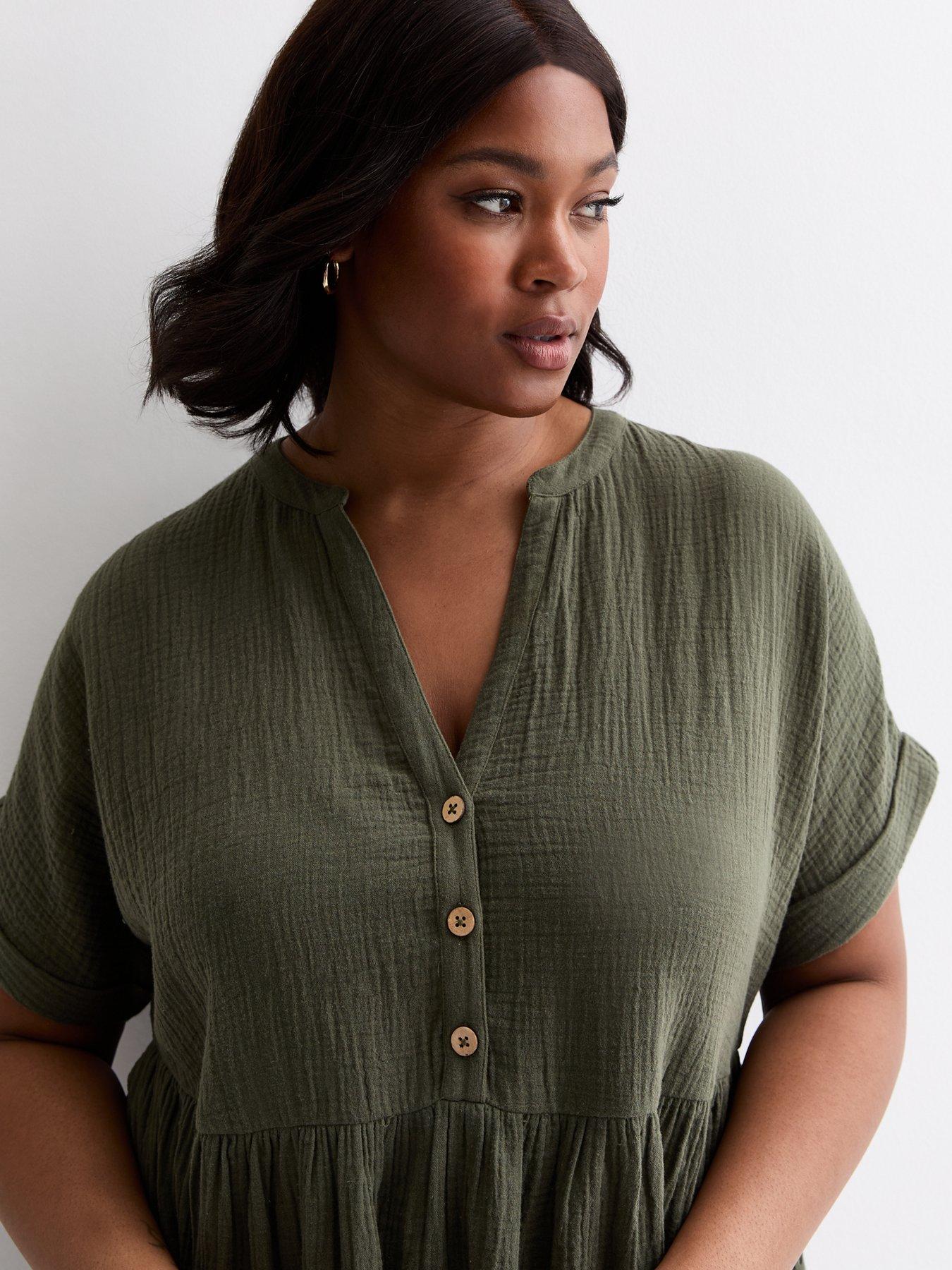 new-look-curves-khaki-cotton-button-front-mini-smock-dress-greenoutfit