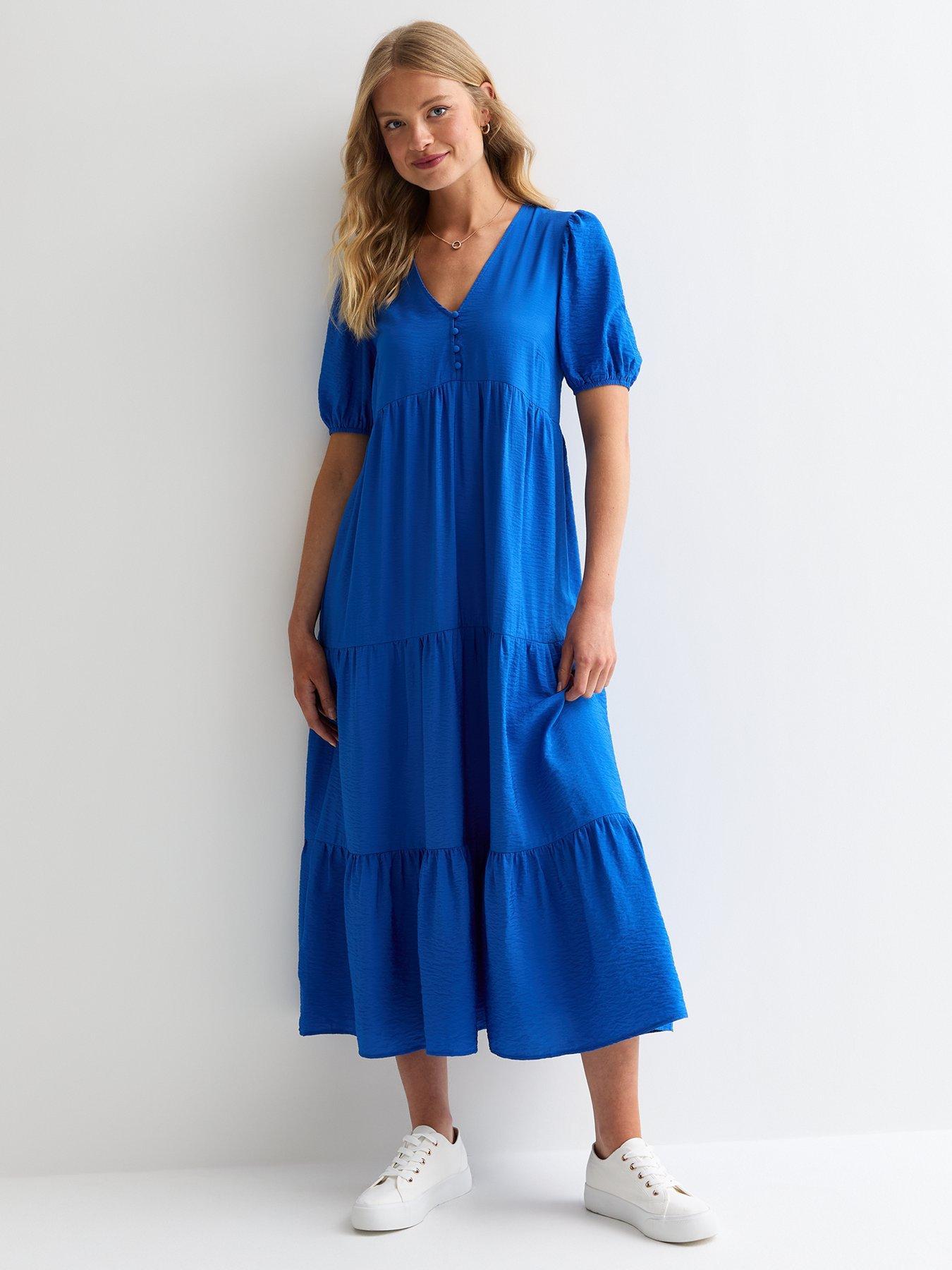 new-look-bright-blue-button-tiered-smock-midi