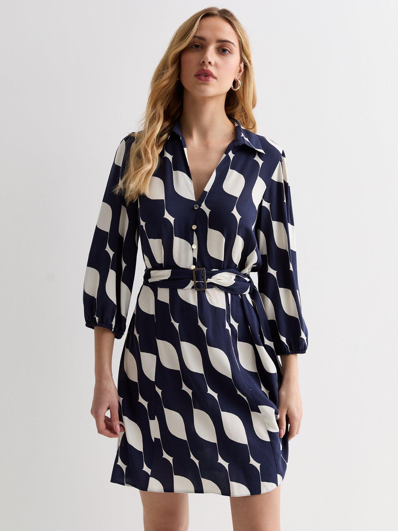 new-look-navy-geometric-print-belted-mini-shirt-dress