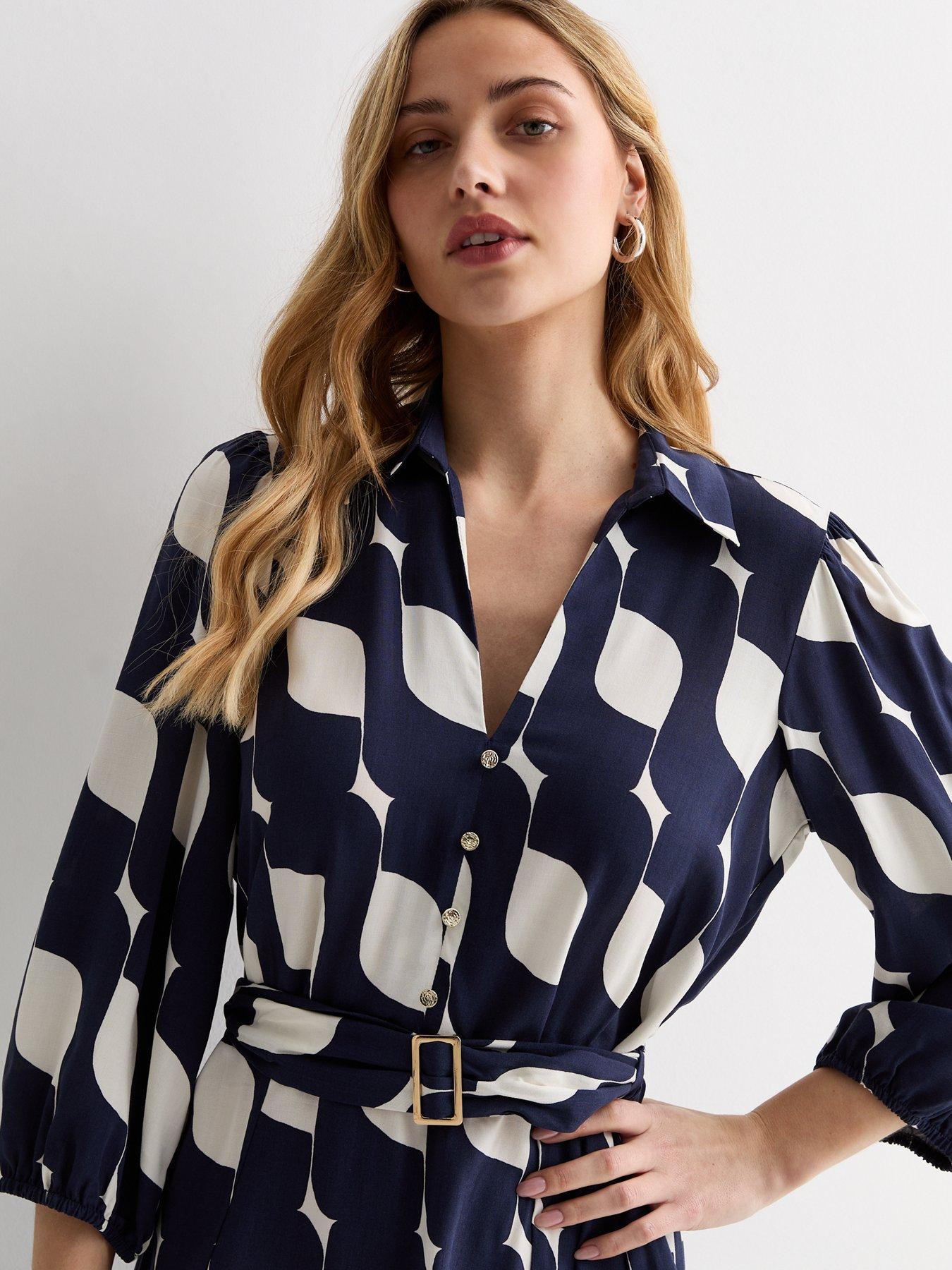 new-look-navy-geometric-print-belted-mini-shirt-dressoutfit