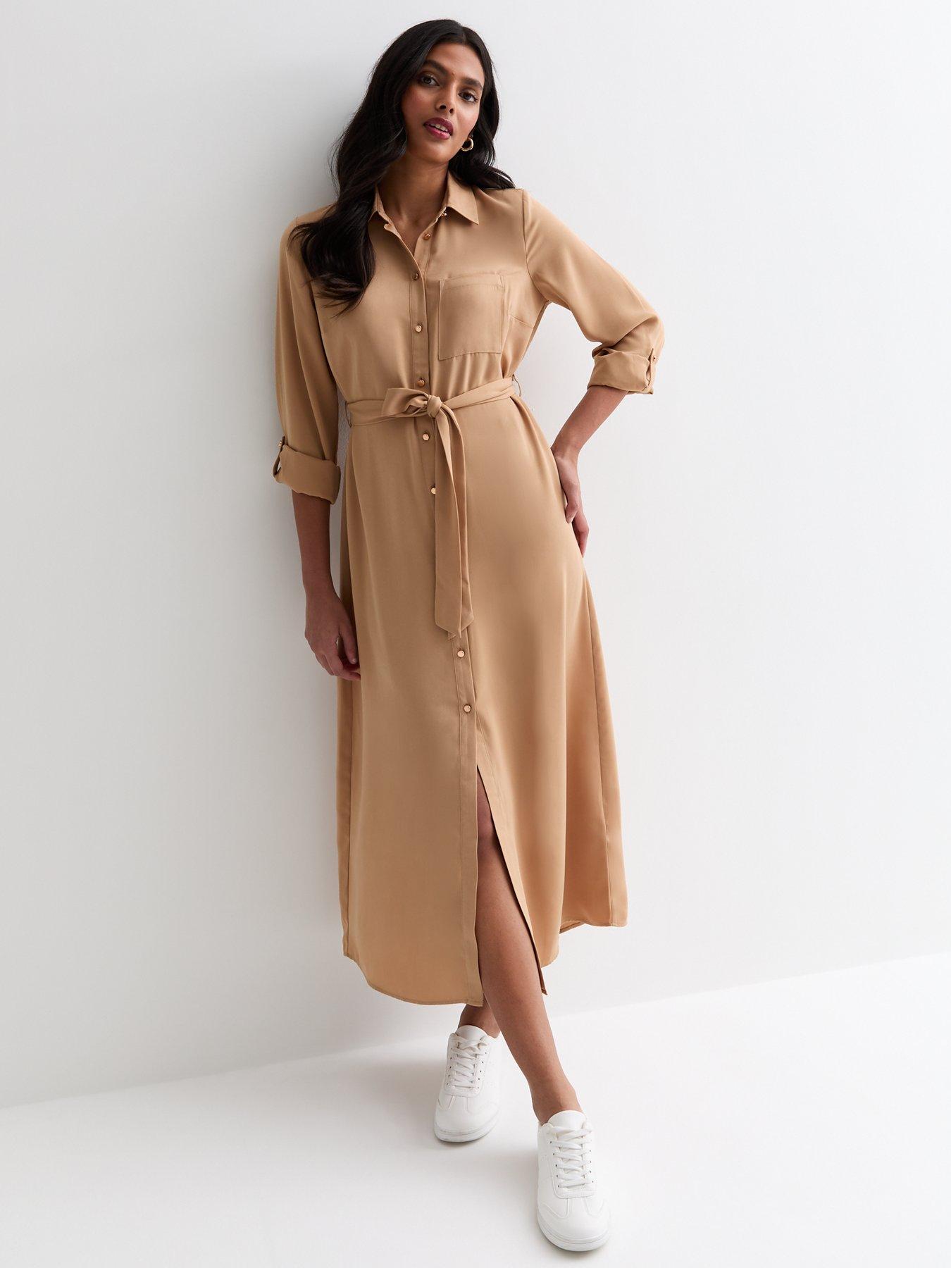 new-look-camel-belted-midi-shirt-dress