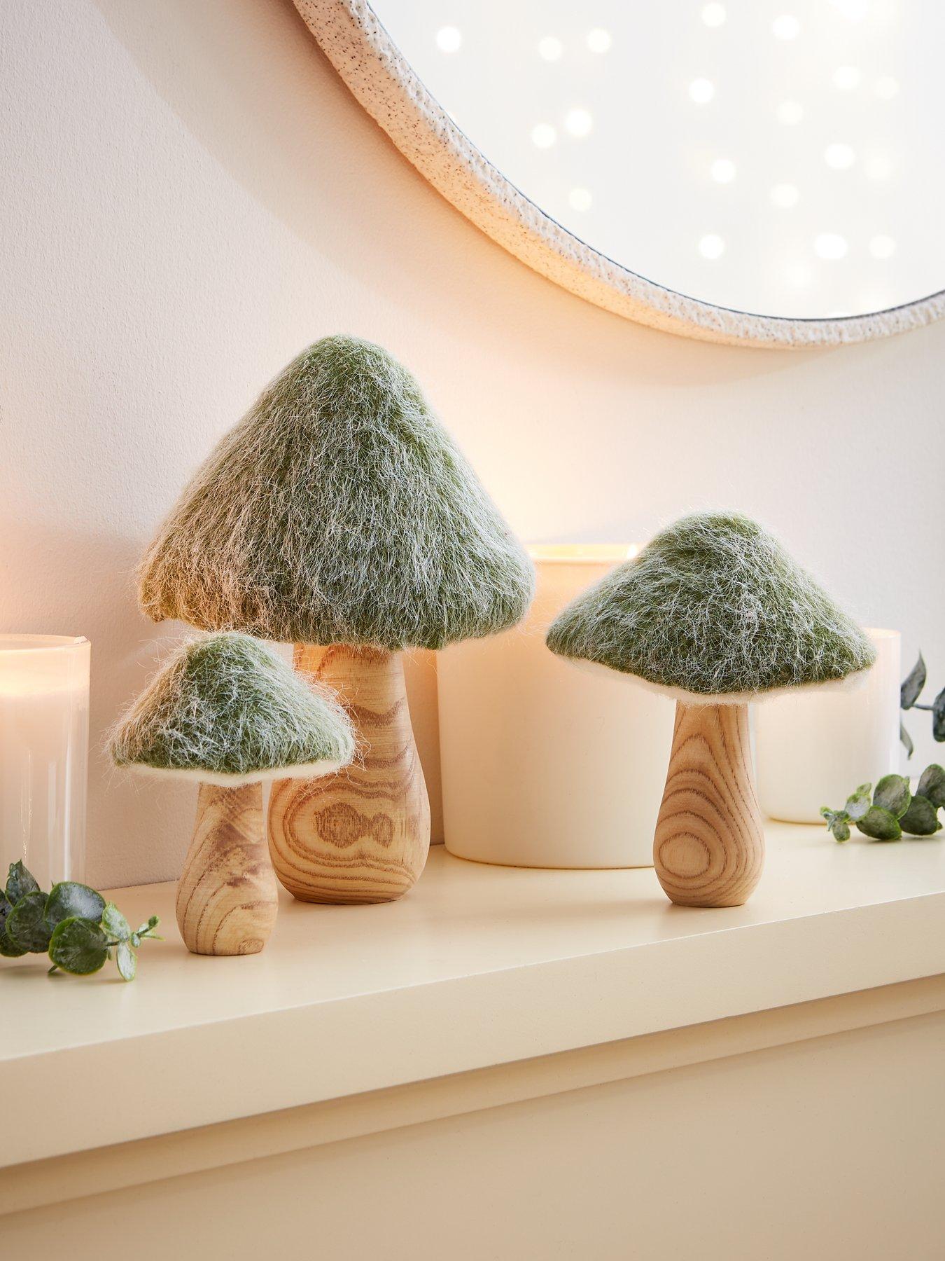 The Very Collection Set of 3 Wood and Fur Toadstool Autumn Decorations