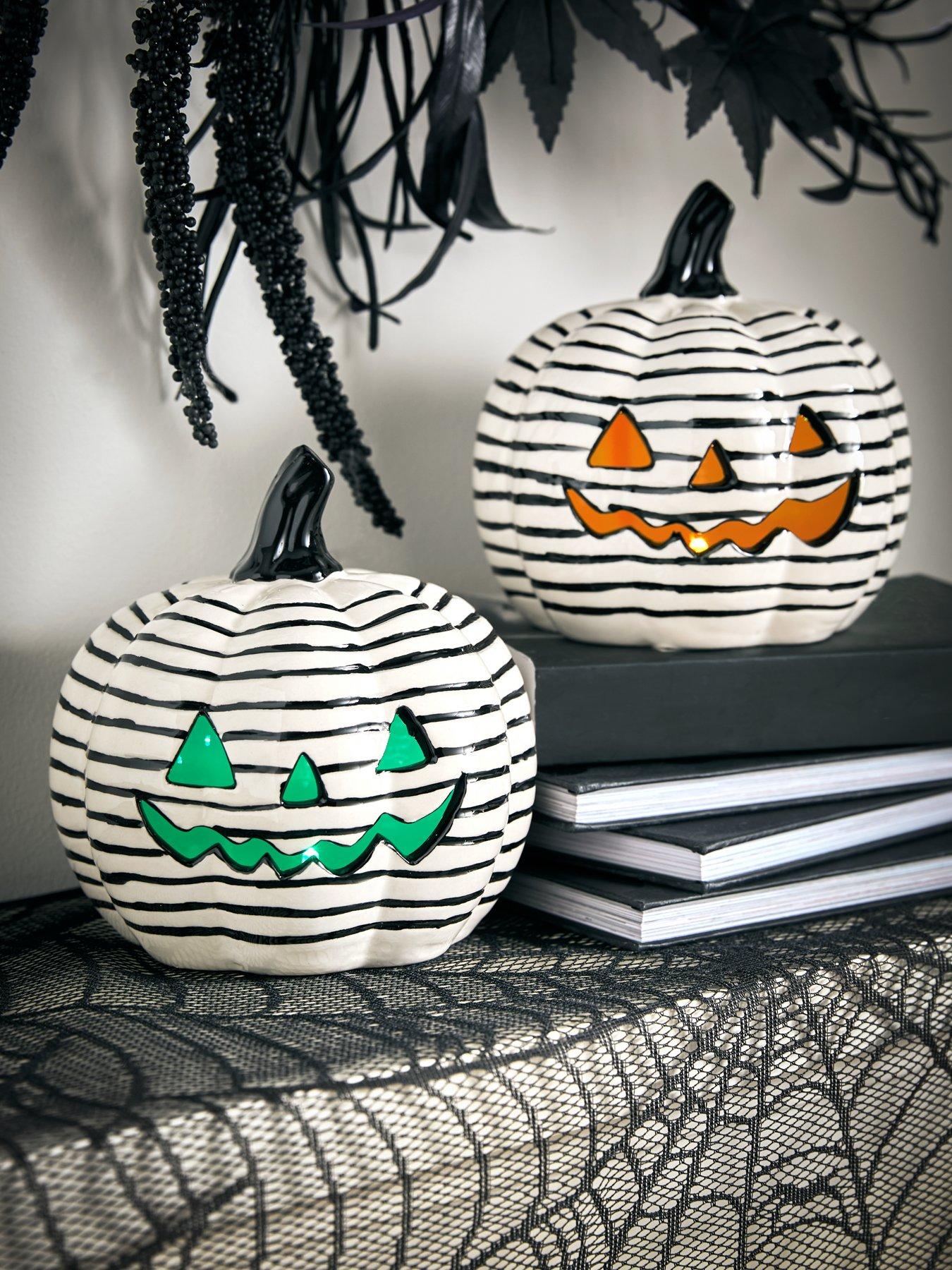 The Very Collection Set Of 2 Light-Up Striped Ceramic Pumpkin Decorations in Black/White