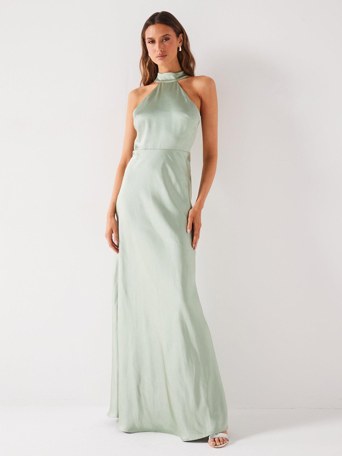 Halter Neck Satin Bridesmaid Dress Sage