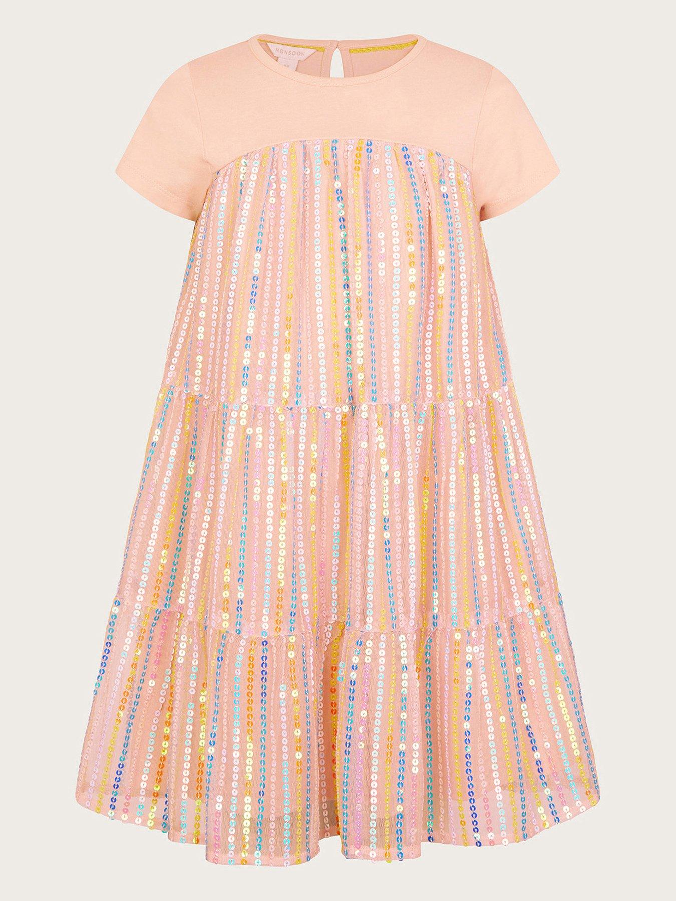Image 1 of 3 of Monsoon Girls Jersey Sequin Mesh Dress - Pale Pink