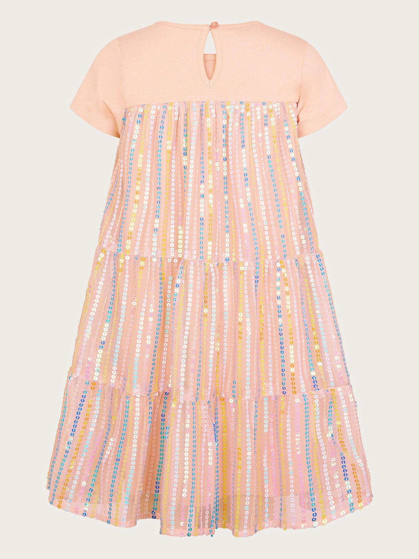Image 2 of 3 of Monsoon Girls Jersey Sequin Mesh Dress - Pale Pink