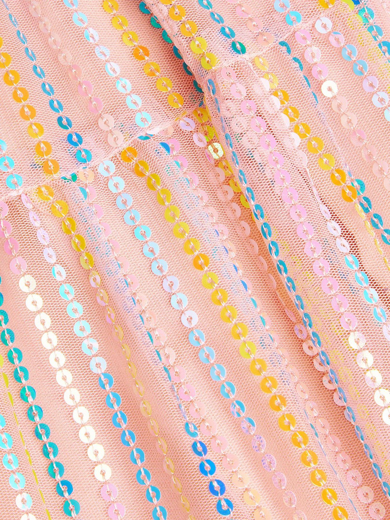 Image 3 of 3 of Monsoon Girls Jersey Sequin Mesh Dress - Pale Pink