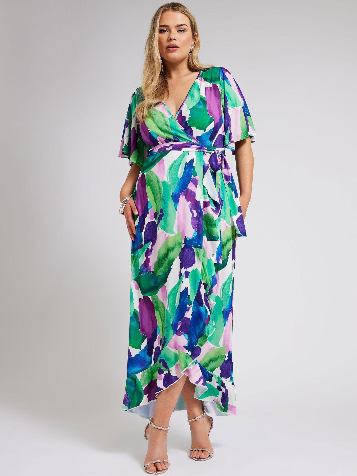 yours-curve-abstract-floral-ruffle-hem-wrap-dress-green