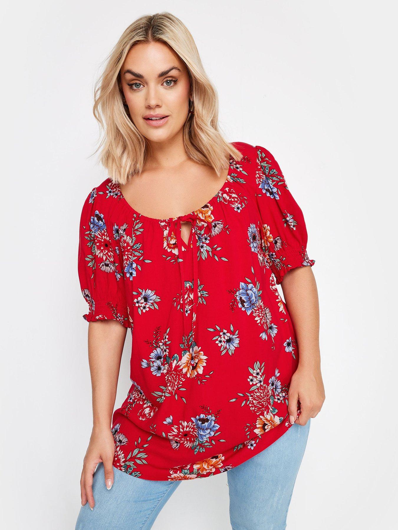 yours-curve-floral-print-tie-neck-top-red