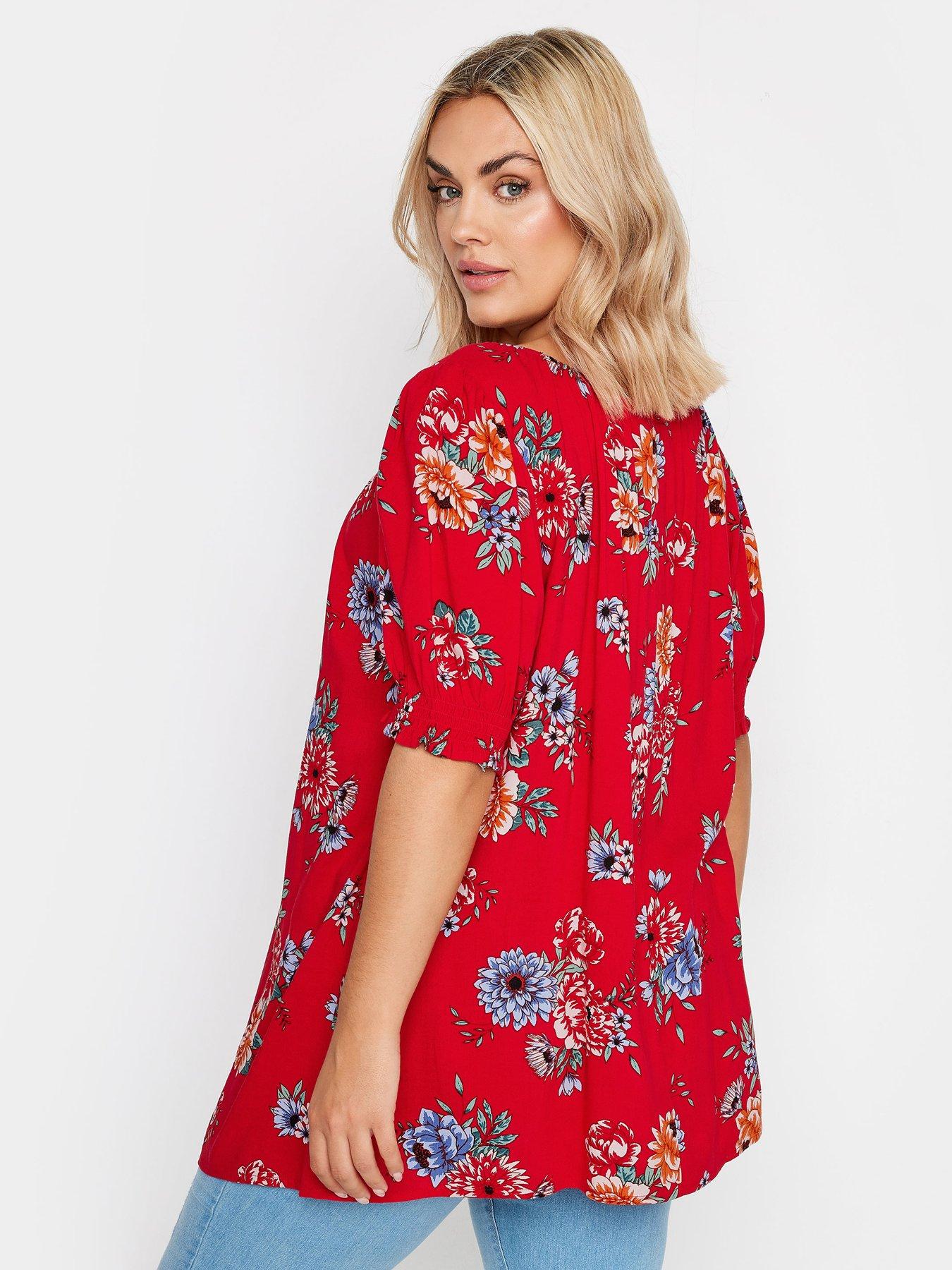 yours-curve-floral-print-tie-neck-top-redstillFront