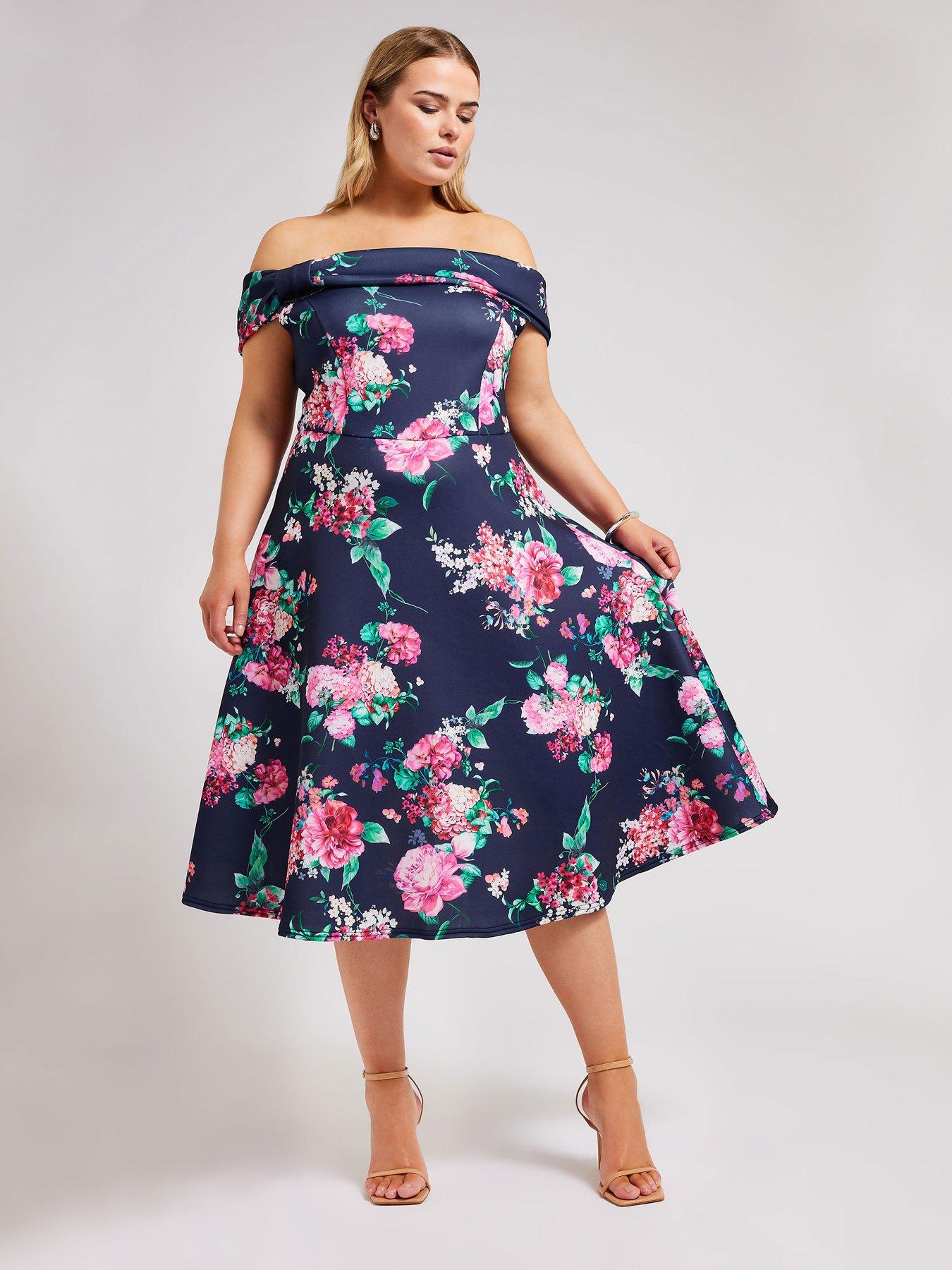 yours-curve-floral-bow-bardot-skater-dress-navy