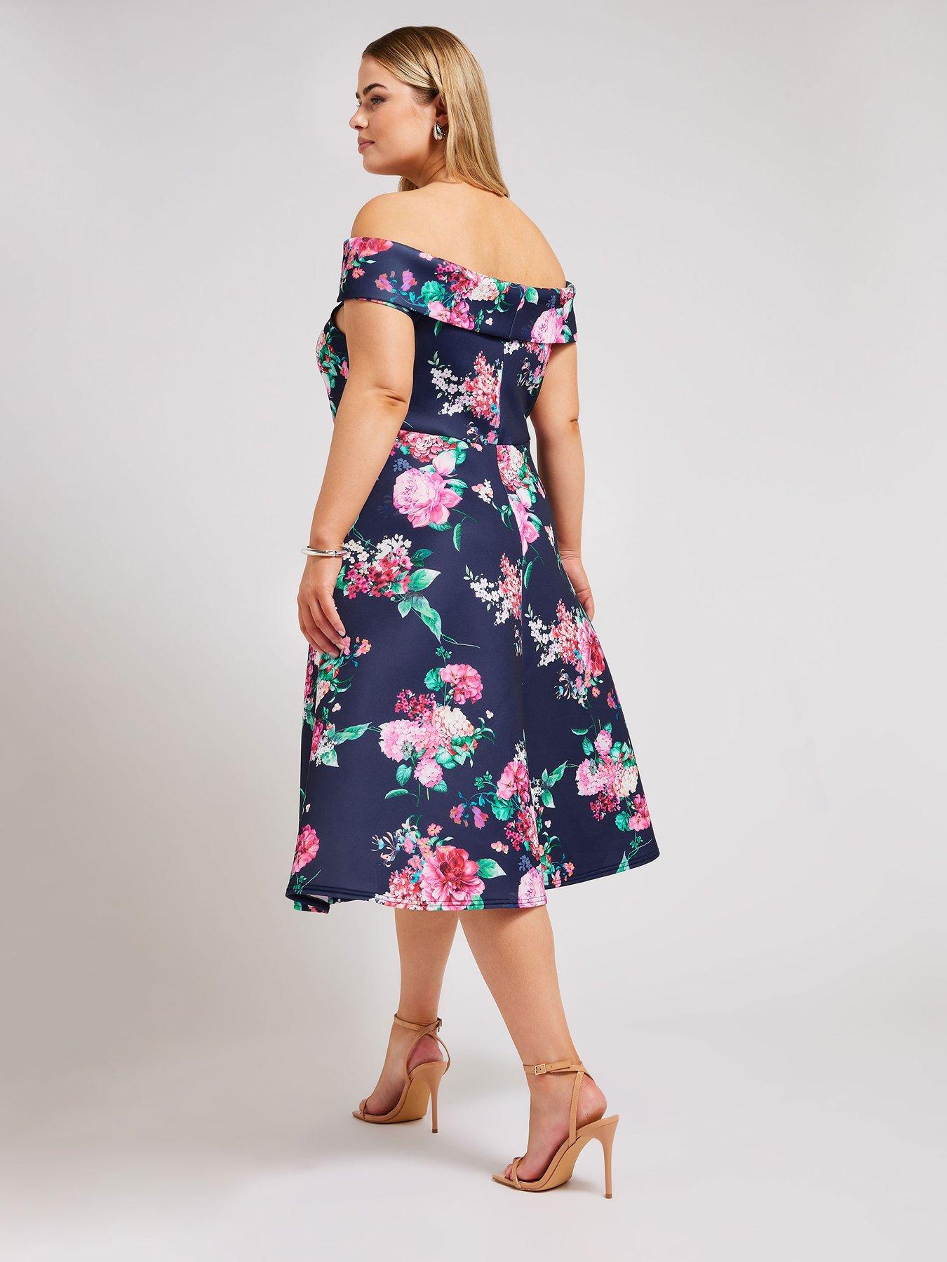 yours-curve-floral-bow-bardot-skater-dress-navystillFront