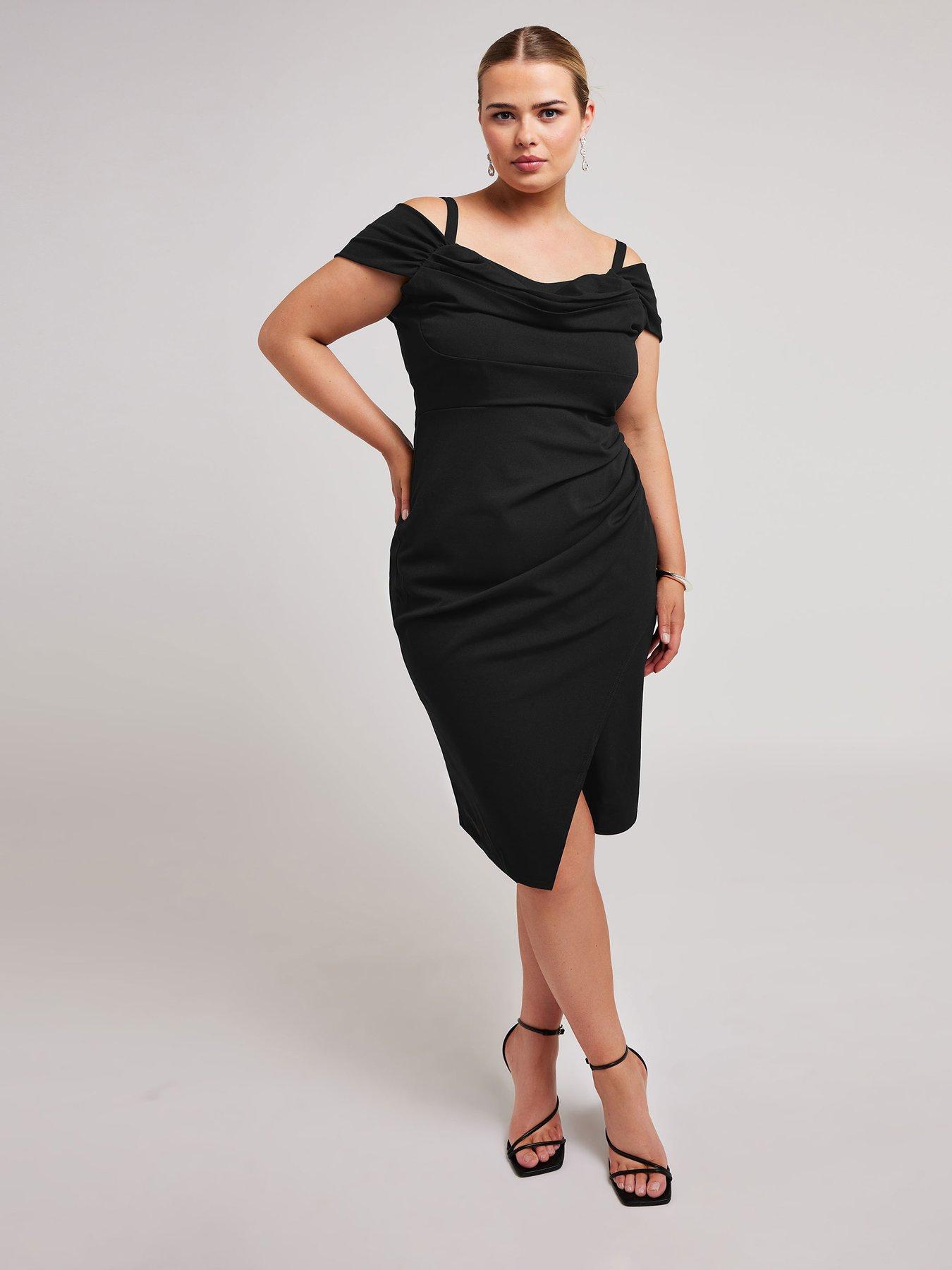 yours-curve-cold-shoulder-ruched-tulip-hem-dress-black