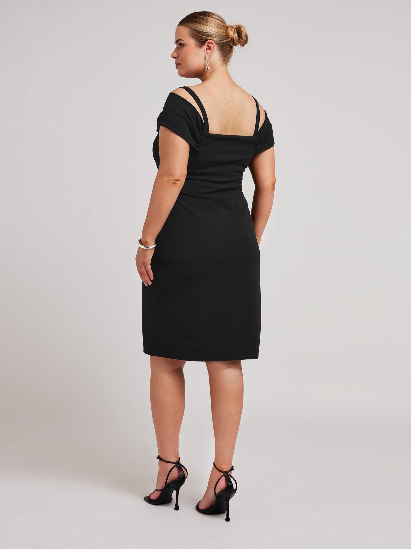 yours-curve-cold-shoulder-ruched-tulip-hem-dress-blackstillFront