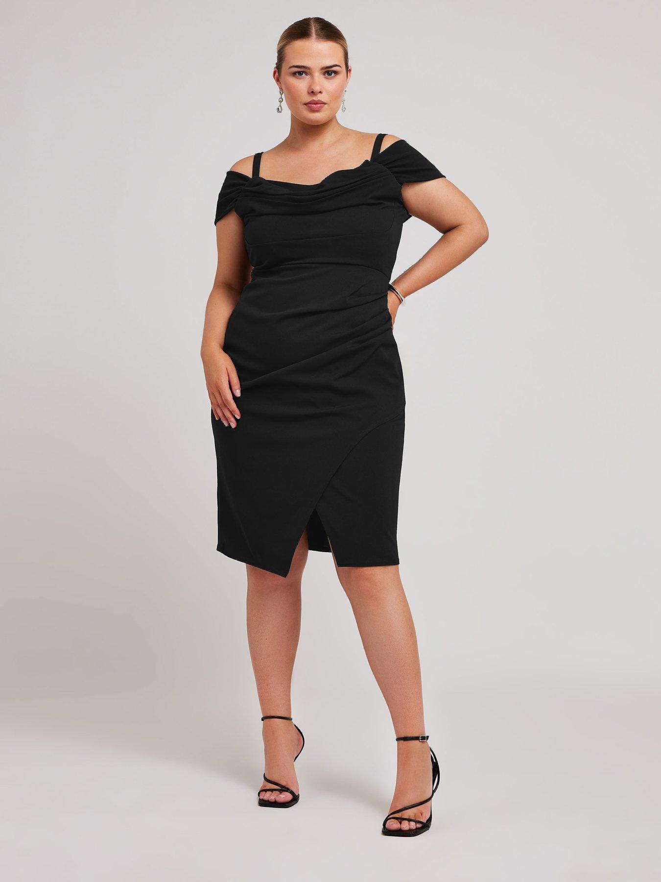 yours-curve-cold-shoulder-ruched-tulip-hem-dress-blackback