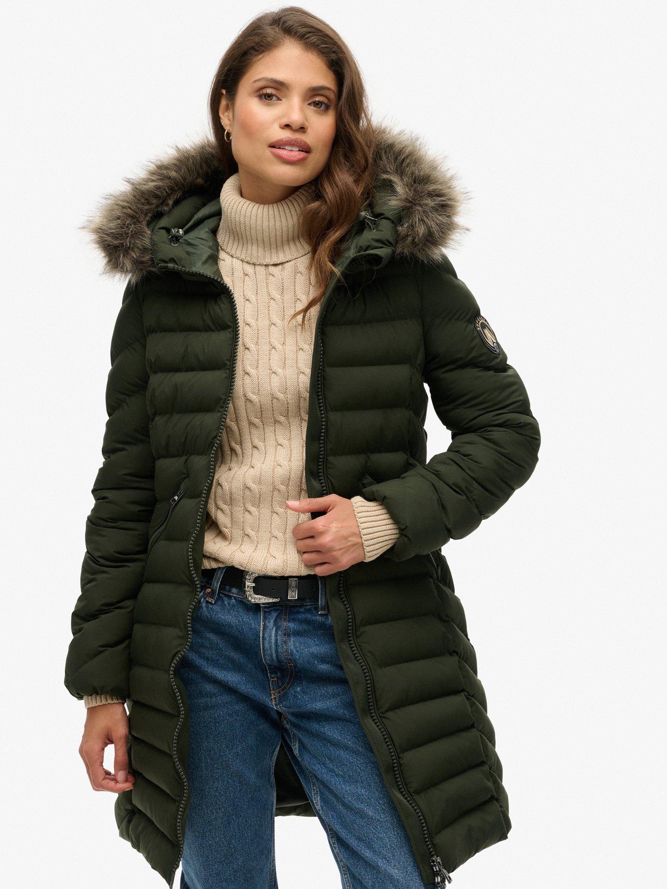 Image of Superdry Fuji Faux Fur Hood Midi Length Jacket - Green