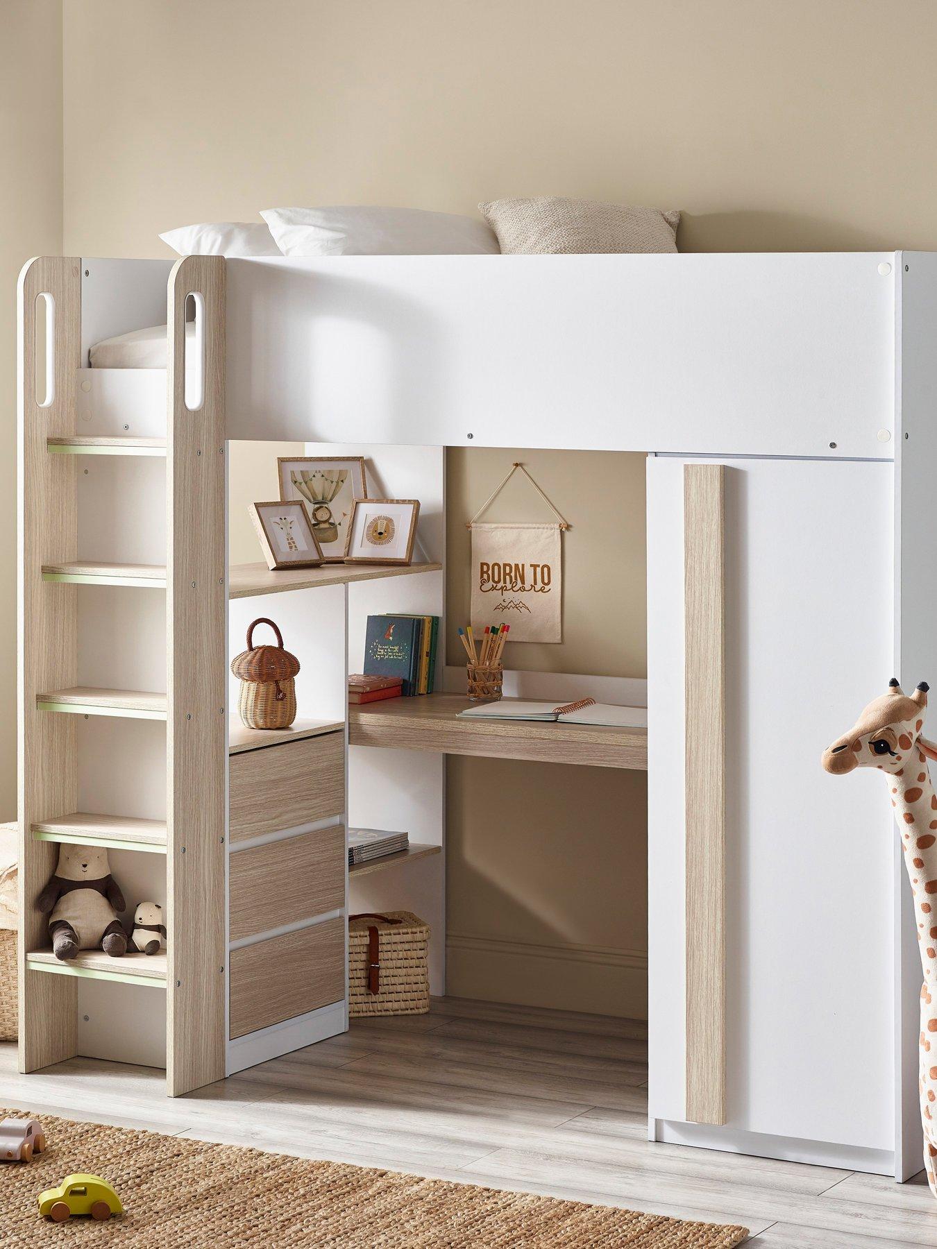 Julian Bowen Ocean Highsleeper Bed with Wardrobe, Desk, Shelves and Drawers - Pale Wood/White
