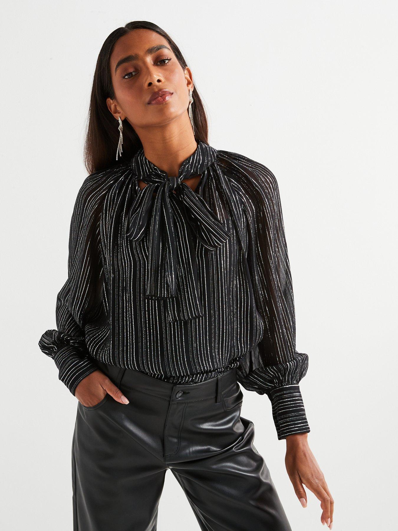 v-by-very-stripe-pussy-bow-lurex-blouse-black