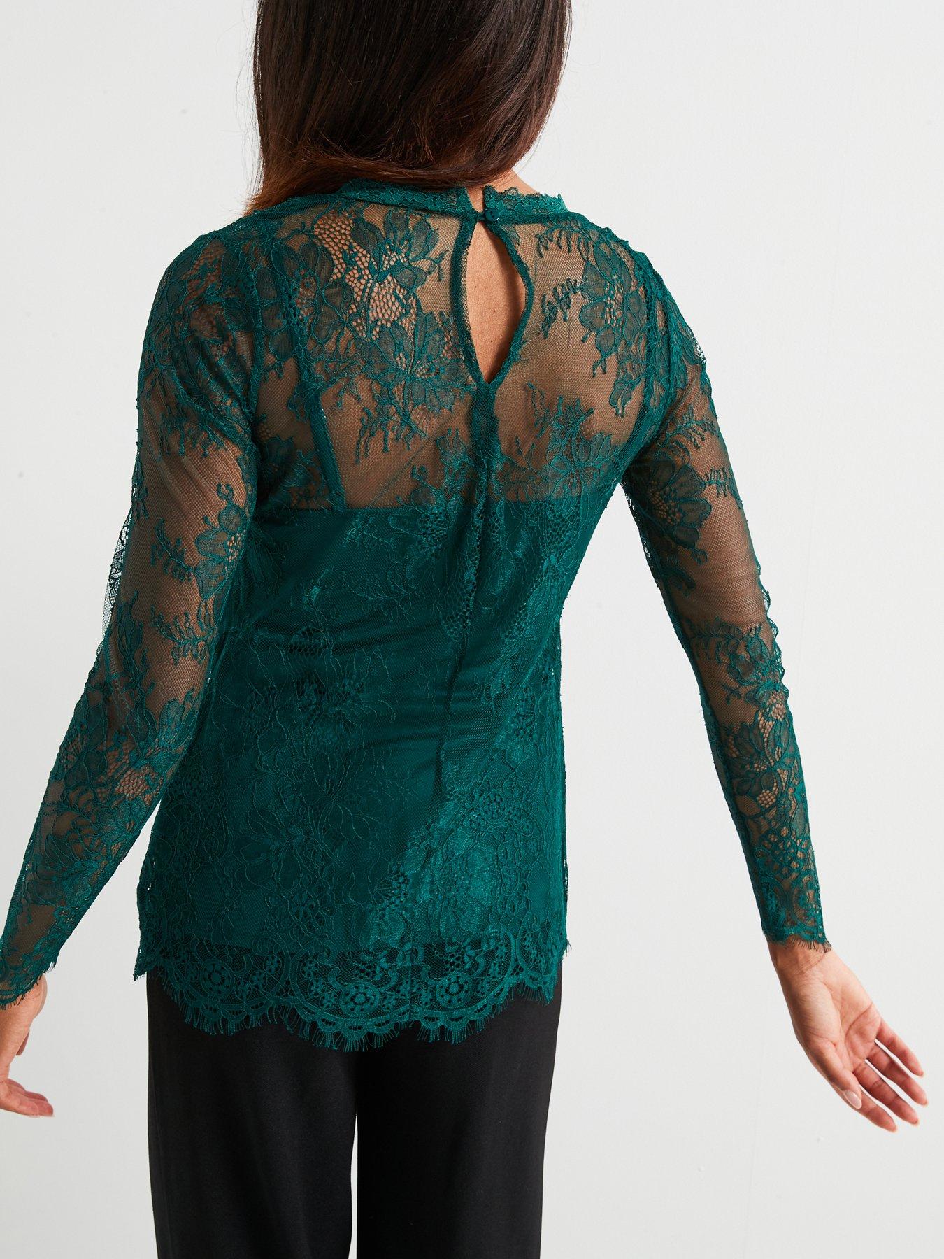 v-by-very-lace-shell-top-greenstillFront