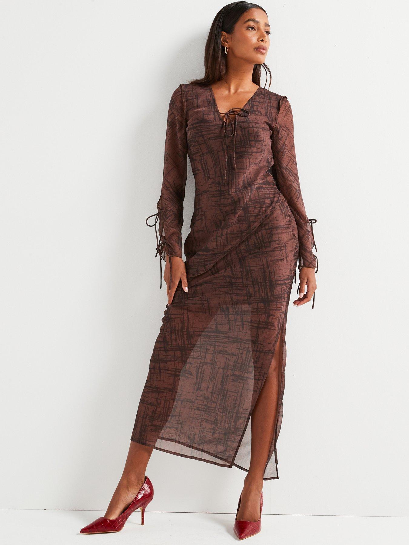 v-by-very-tie-front-printed-midi-dress-brown