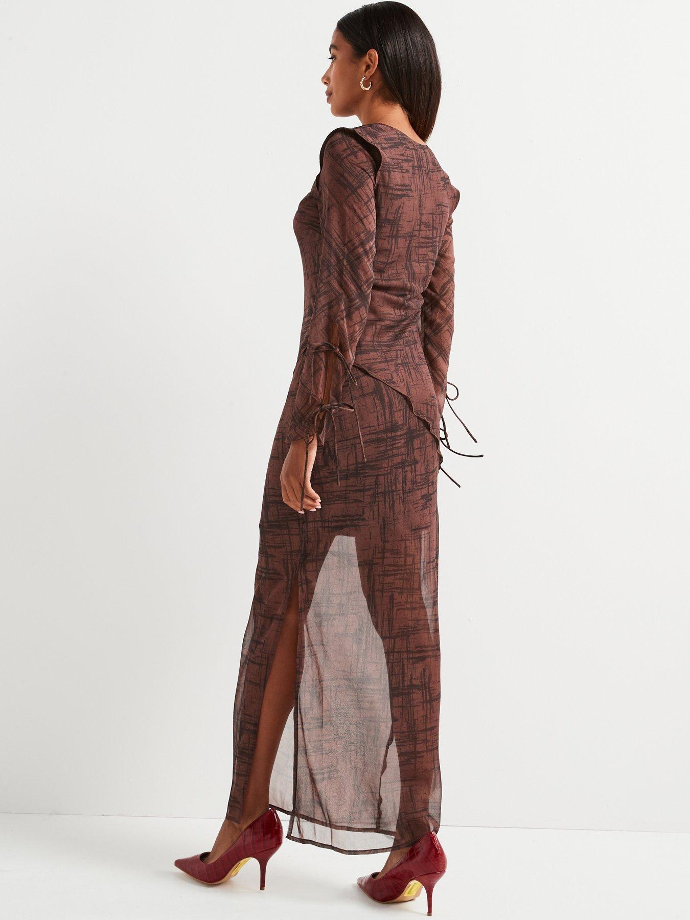 v-by-very-tie-front-printed-midi-dress-brownstillFront