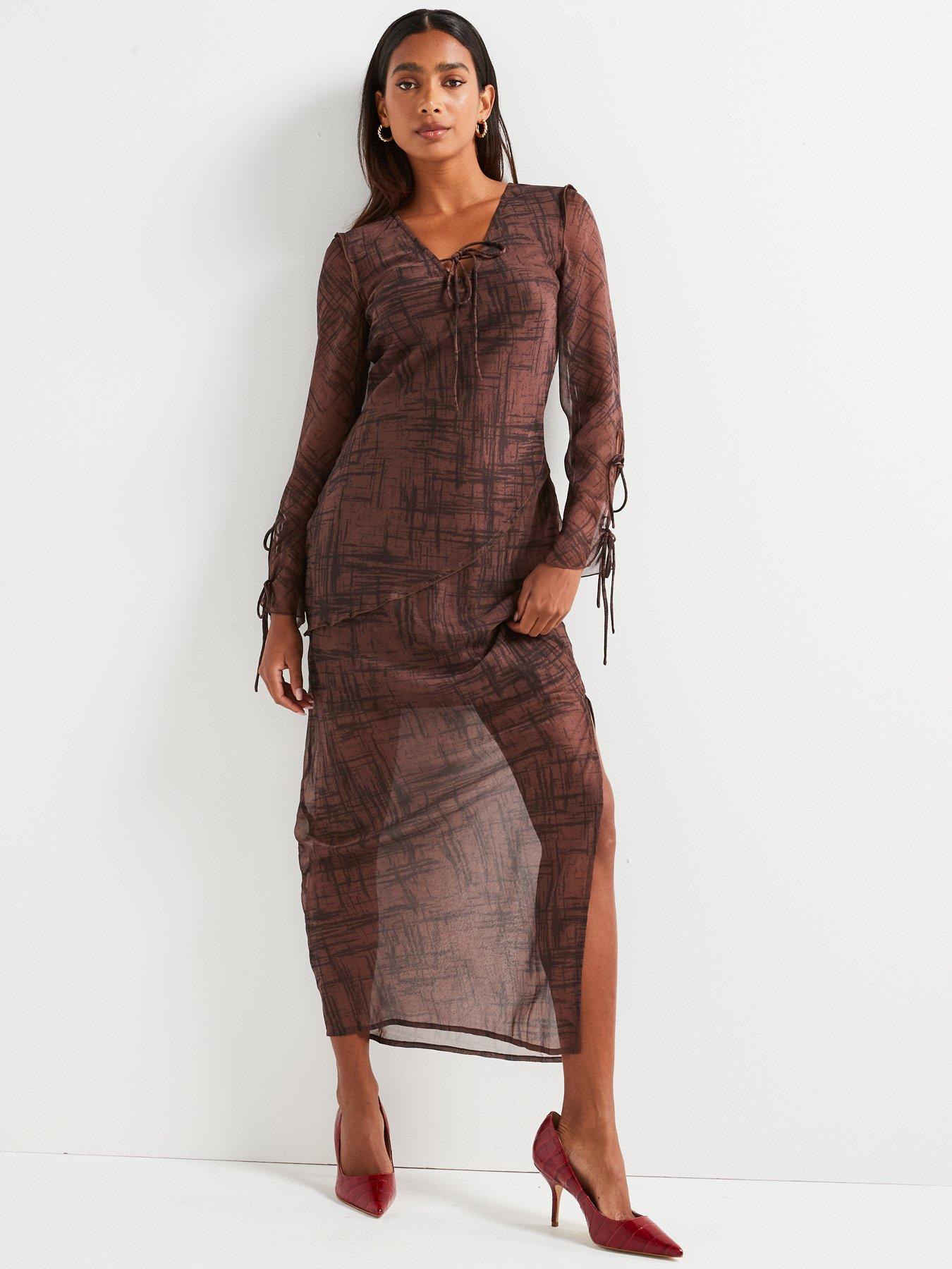 v-by-very-tie-front-printed-midi-dress-browndetail