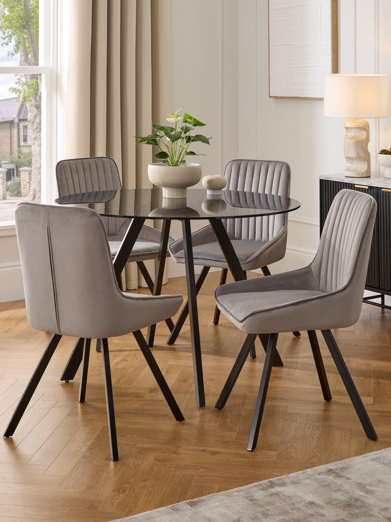 The Very Collection Marlow 110 cm Round Smoked Glass Top Dining Table + 4 Fabric Chairs - Grey/Black